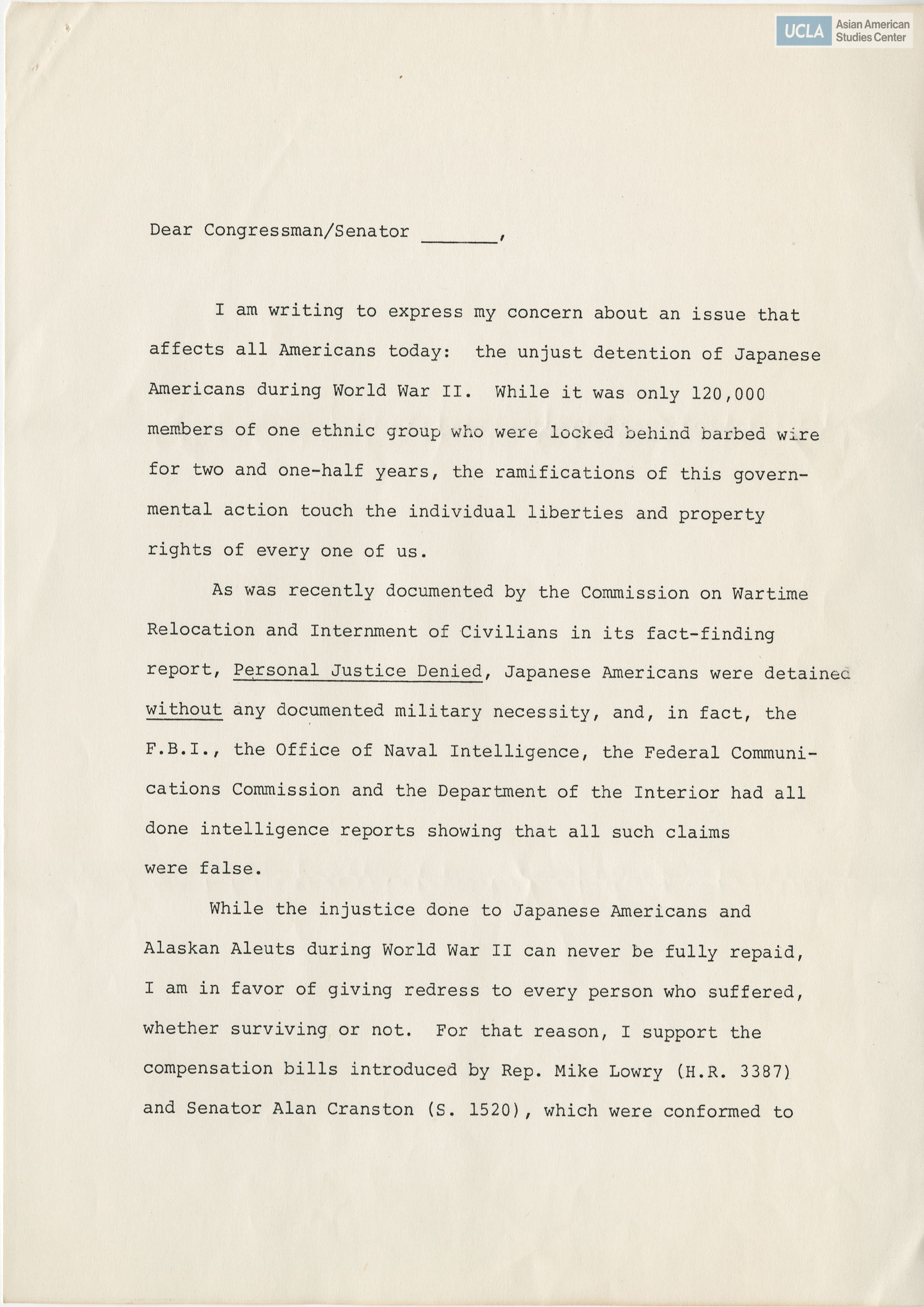 Template letter addressed to local congressman/senator regarding redress for Japanese Americans who were incarcerated during World War II.