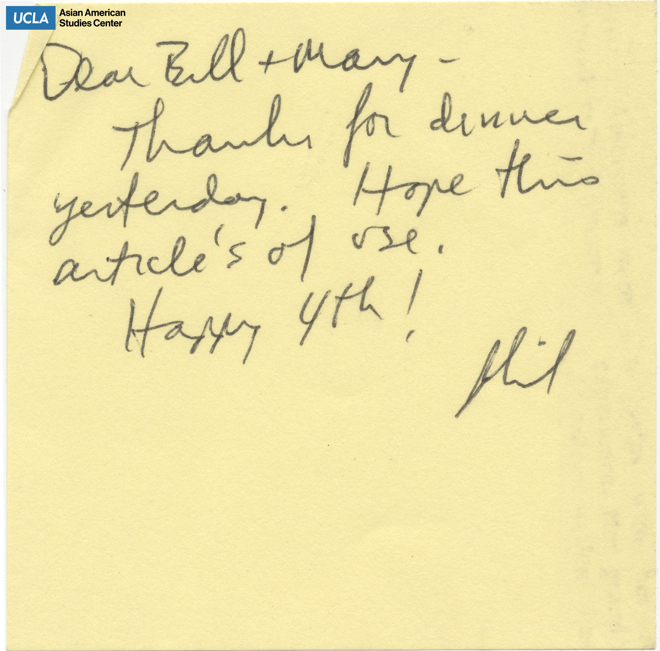 Note of thanks for dinner and hope to use the article.