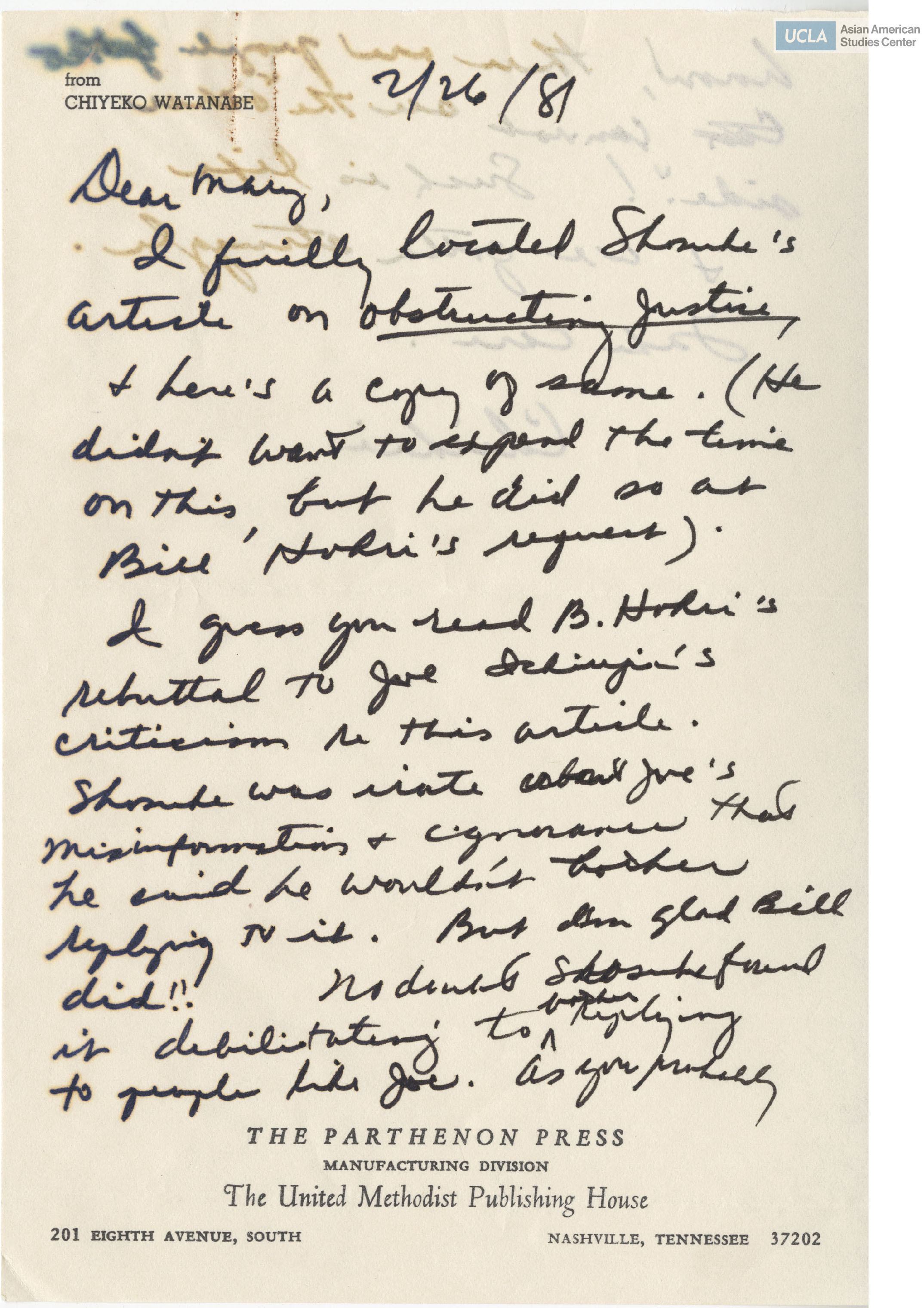 Letter regarding an article titled: 