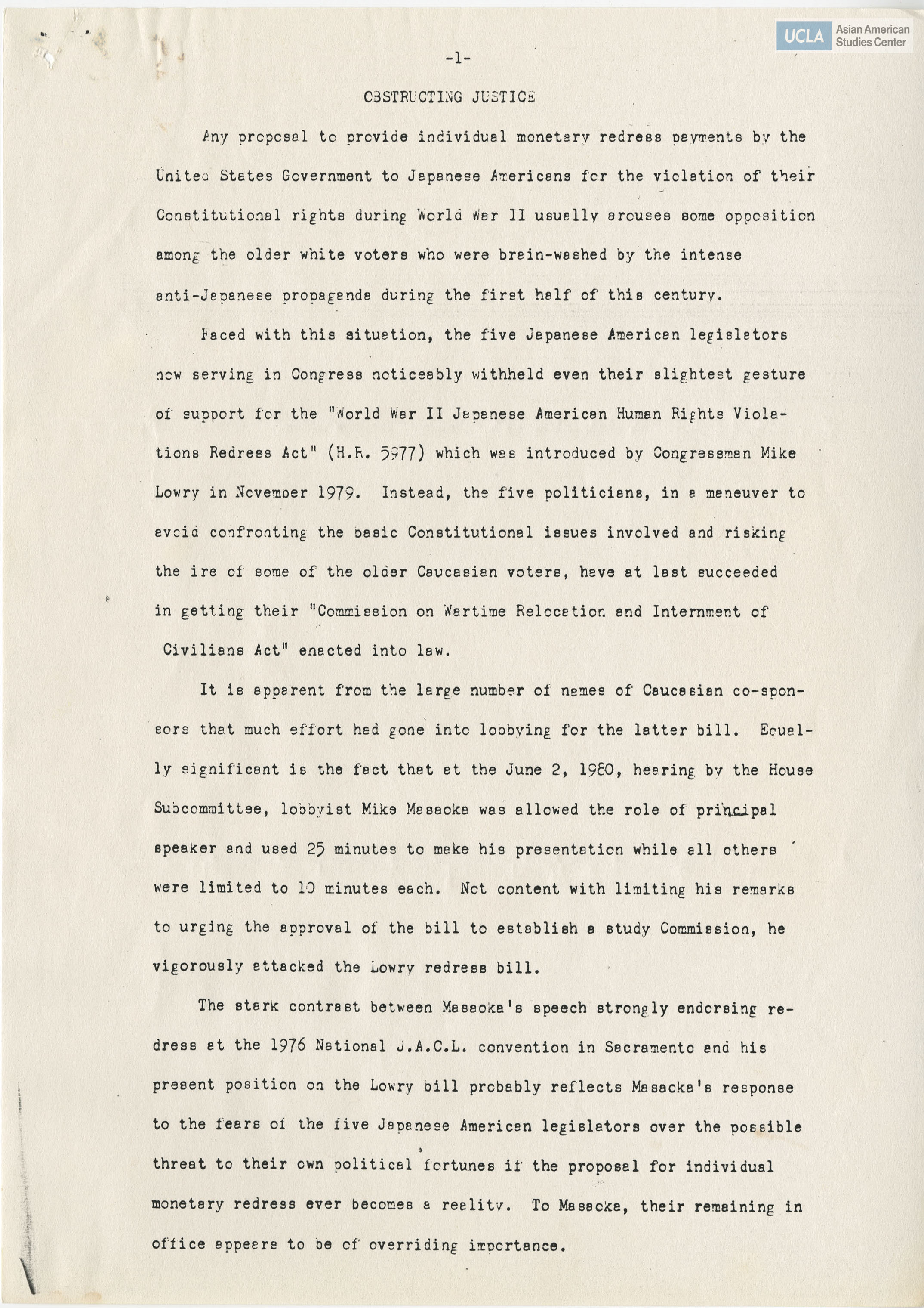 Essay by Shosuke Sasaki regarding monetary redress for Japanese Americans of incarceration during World War II.