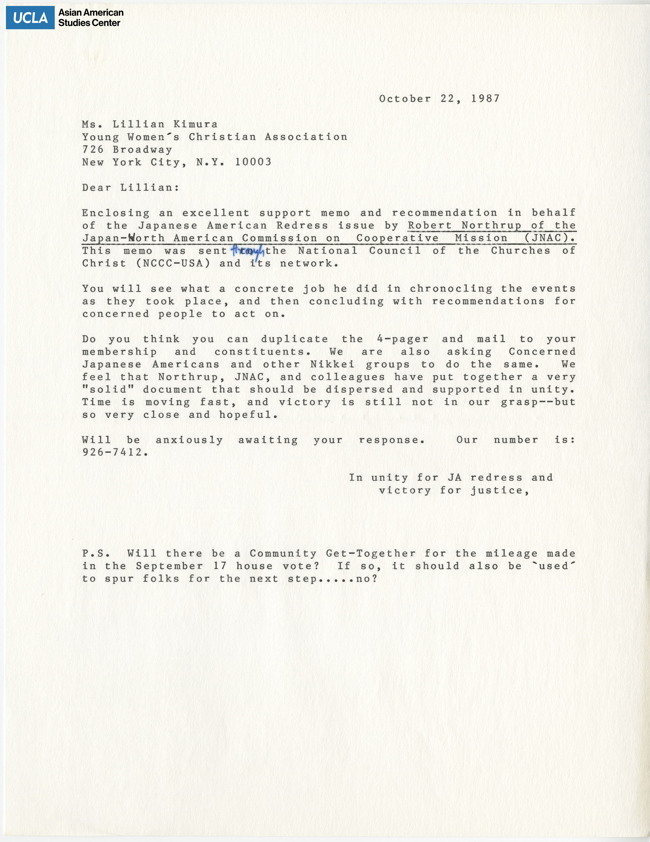 Letter regarding enclosing materials for Japanese American redress.