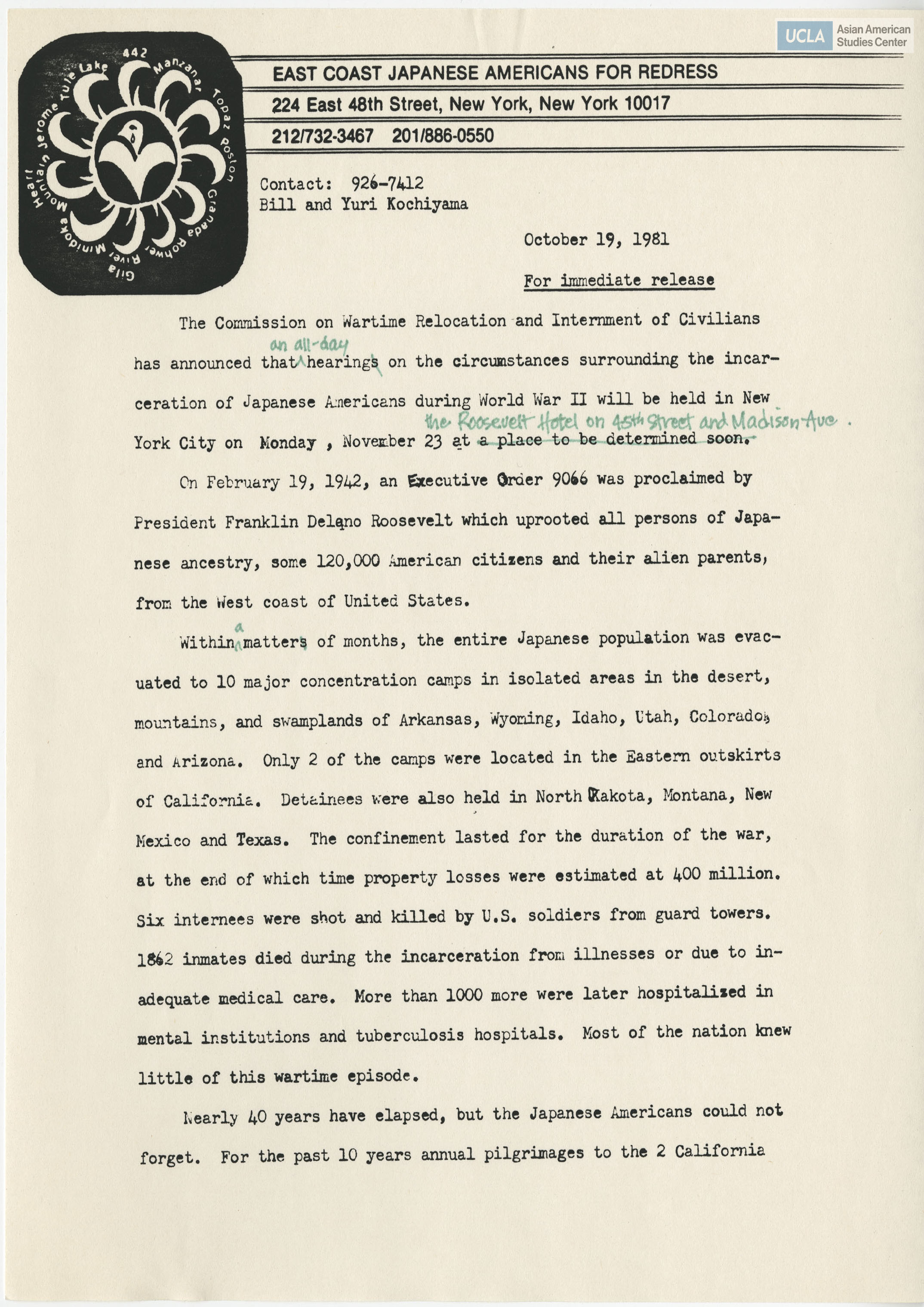 Press release regarding the announcement on hearings of the Commission on Wartime Relocation and Internment of Civilians. Includes markings for corrections.