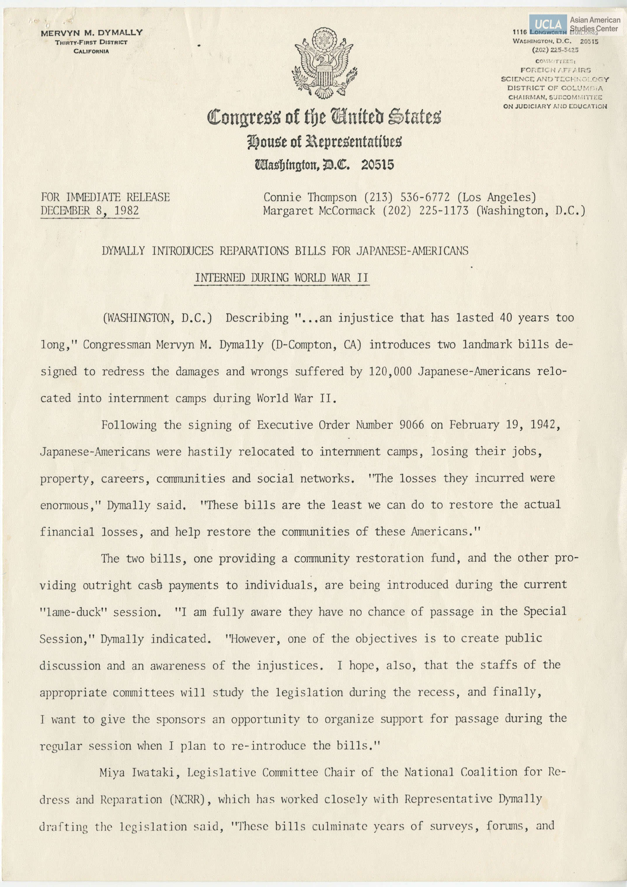 Press release from the House of Representatives which announces two bills on redress.