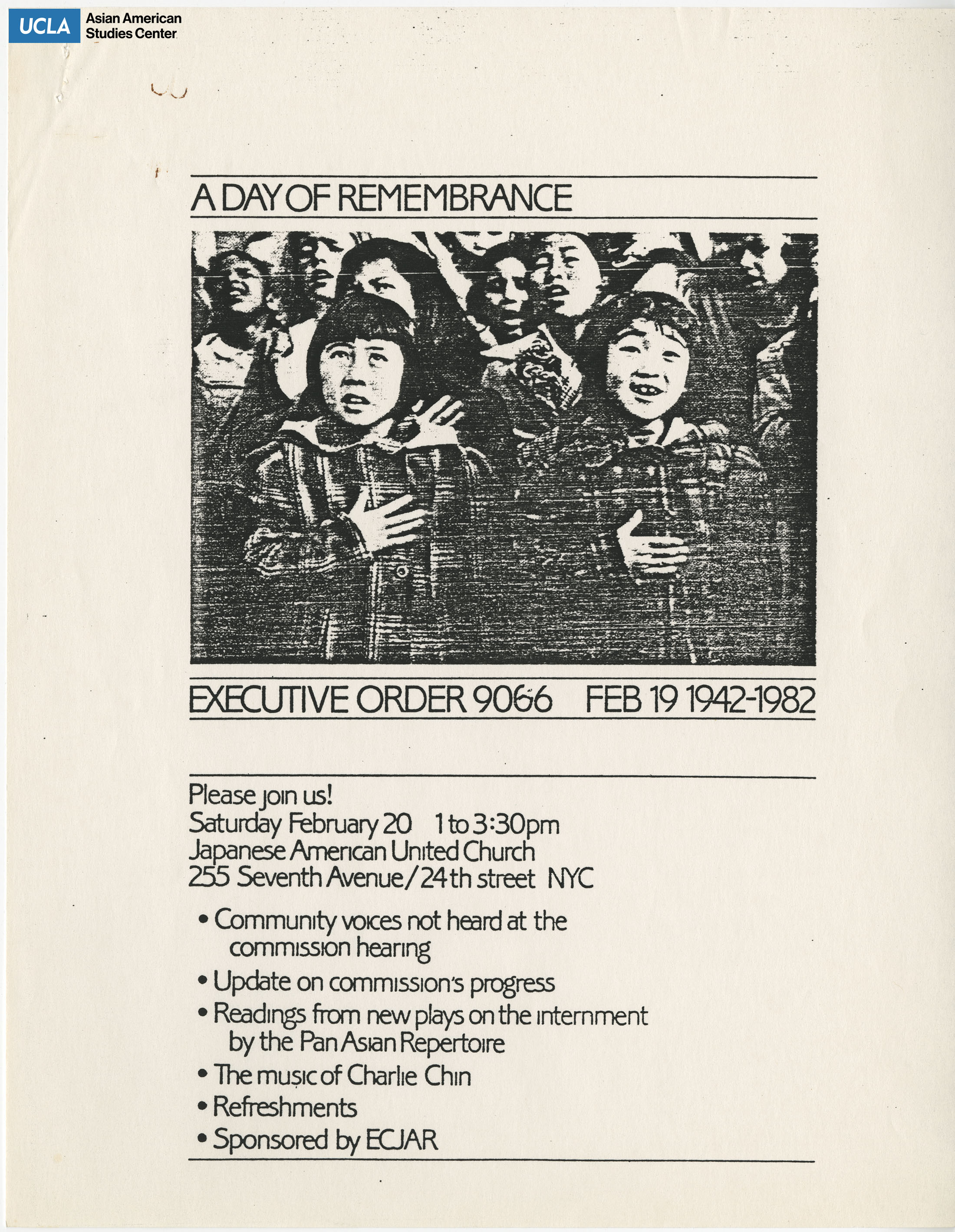 Flyer regarding a 40th commemoration of Day of Remembrance in New York City.