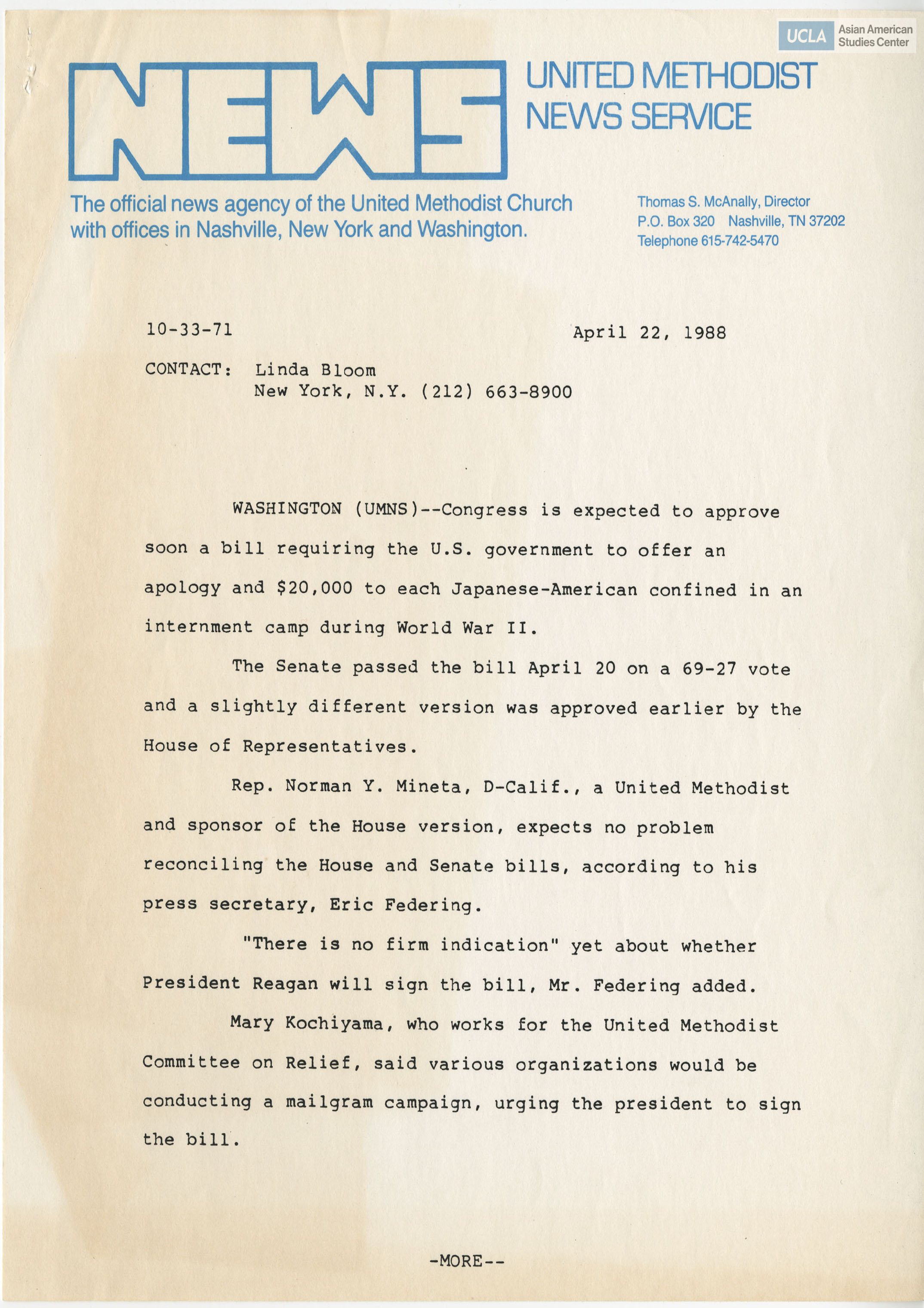 Press release on the approval of bill regarding a formal apology and $20,000 to Japanese Americans incarcerated during World War II.
