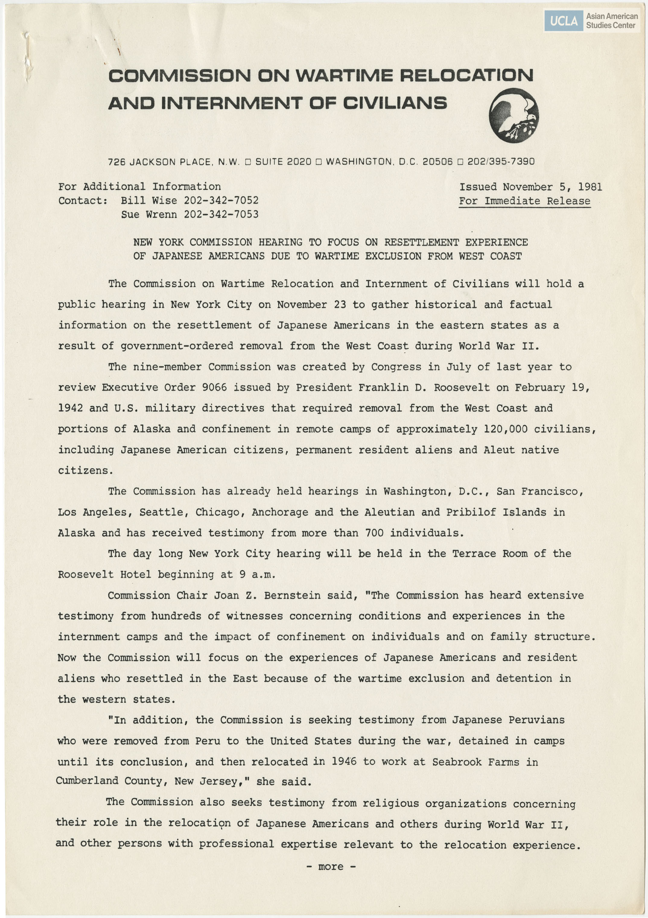 Press release regarding New York Commission to gathering Japanese American experience on forced removal and wartime exclusion during World War II.