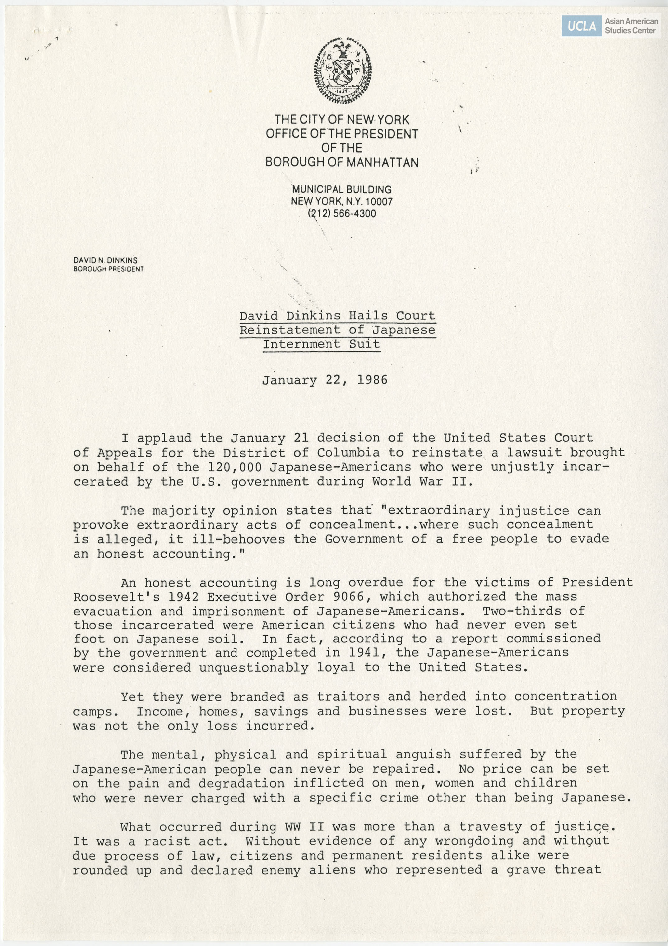 David Dinkins, President of the Borough Manhattan, states support on redress for Japanese Americans who were forcebly removed and incarcerated during World War II.