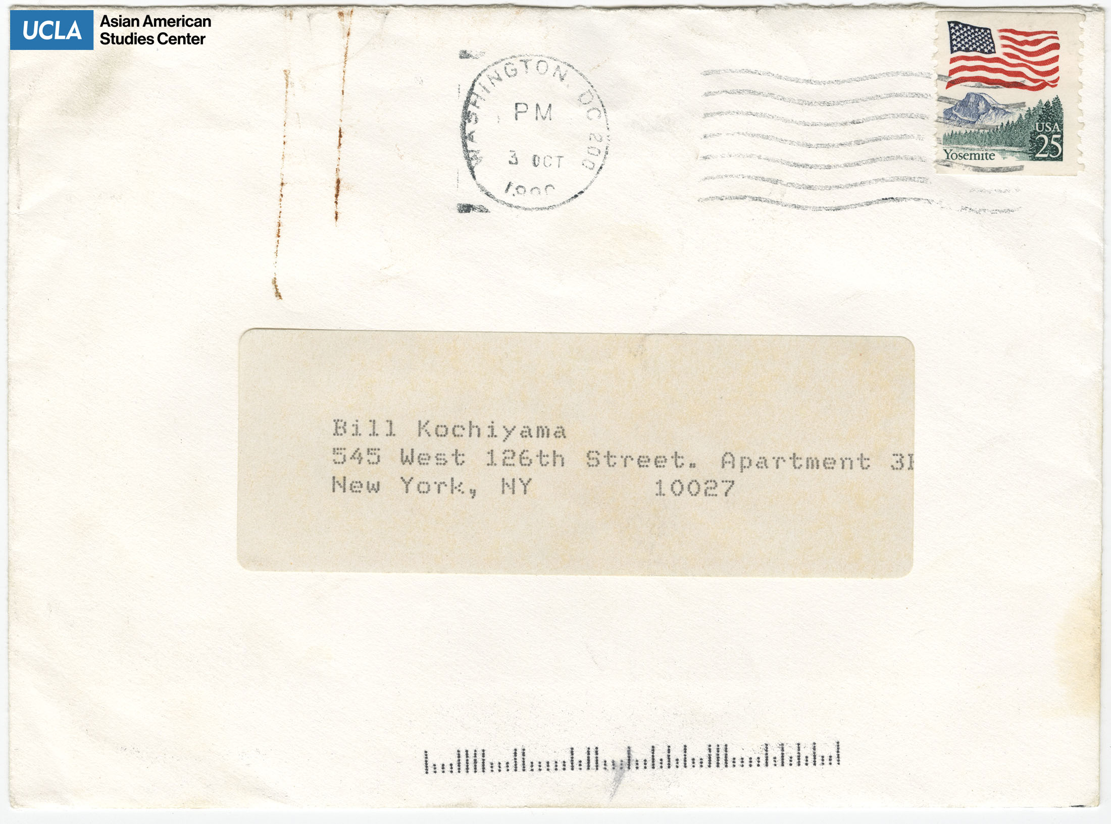Envelope addressed to William Kochiyama. Postmarked on October 3, 1988.