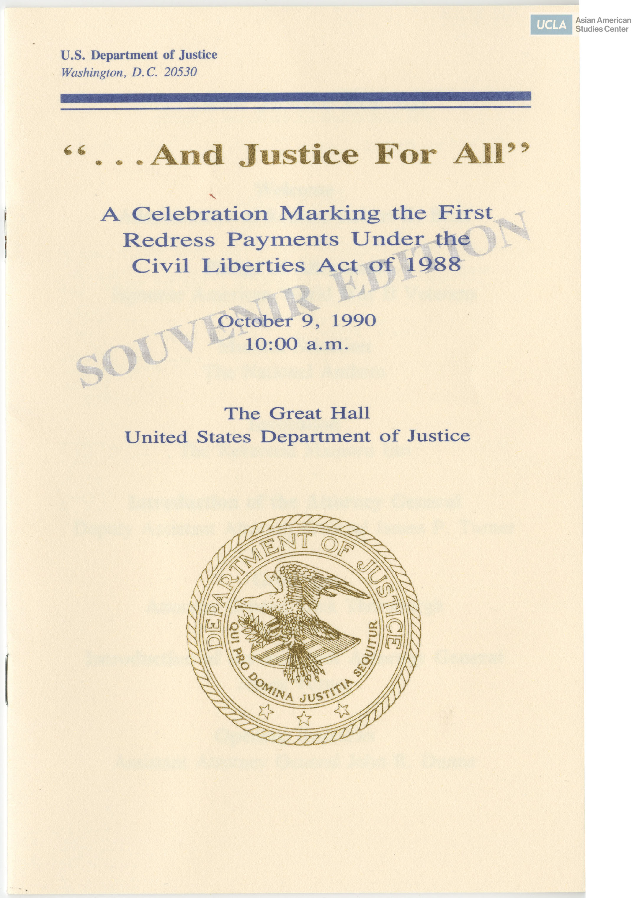 Program of event regarding the first redress payments under the Civil Liberties Act of 1988.
