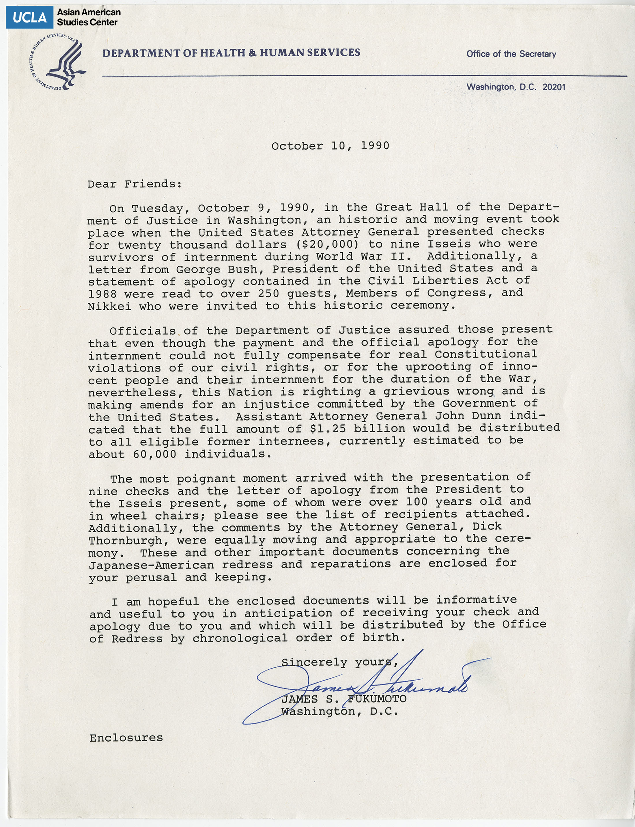 Letter from James S. Fukumoto on the redress payment ceremony.