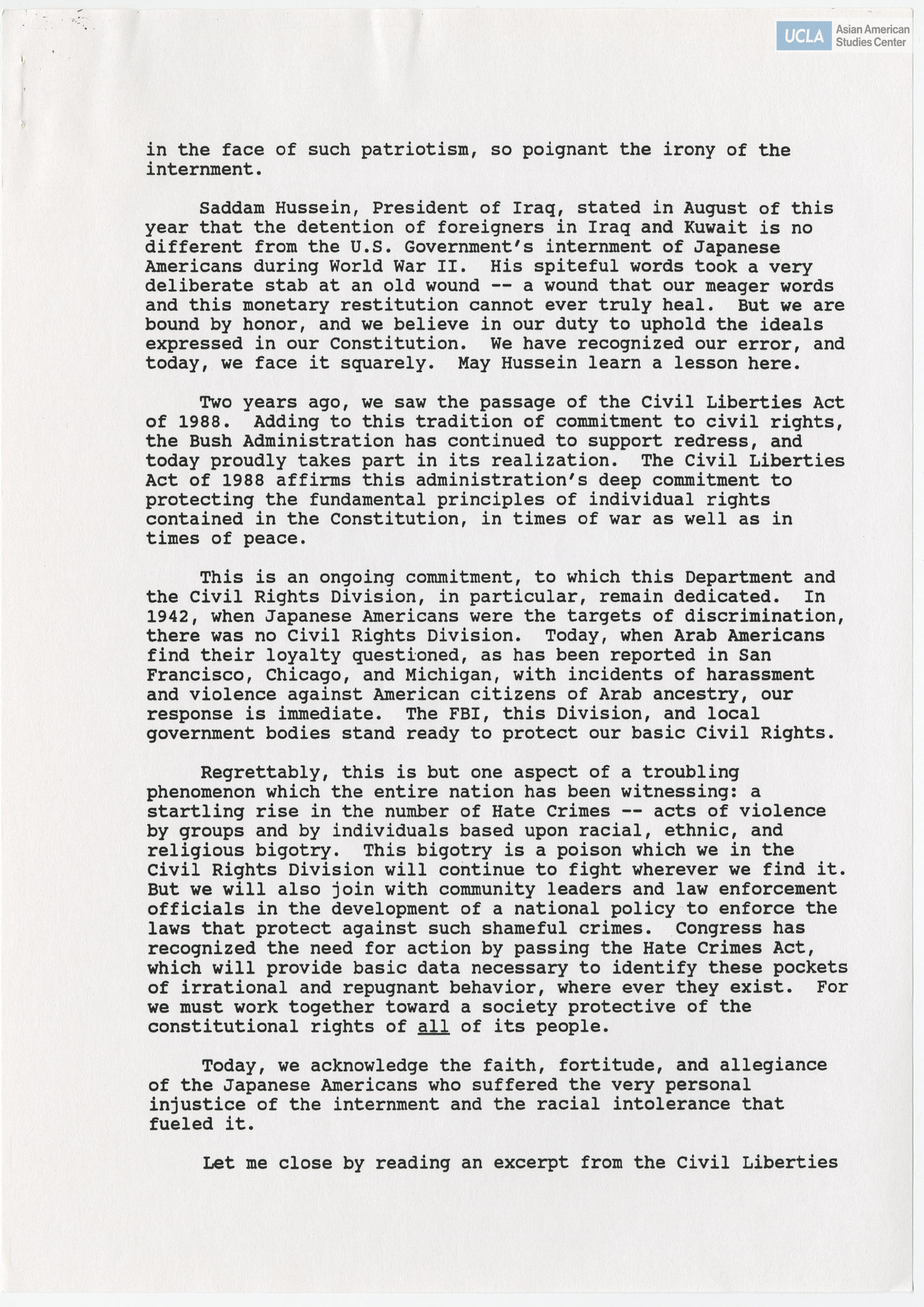 Statement regarding the ongoing commitment to the Civil Liberties Act of 1988.