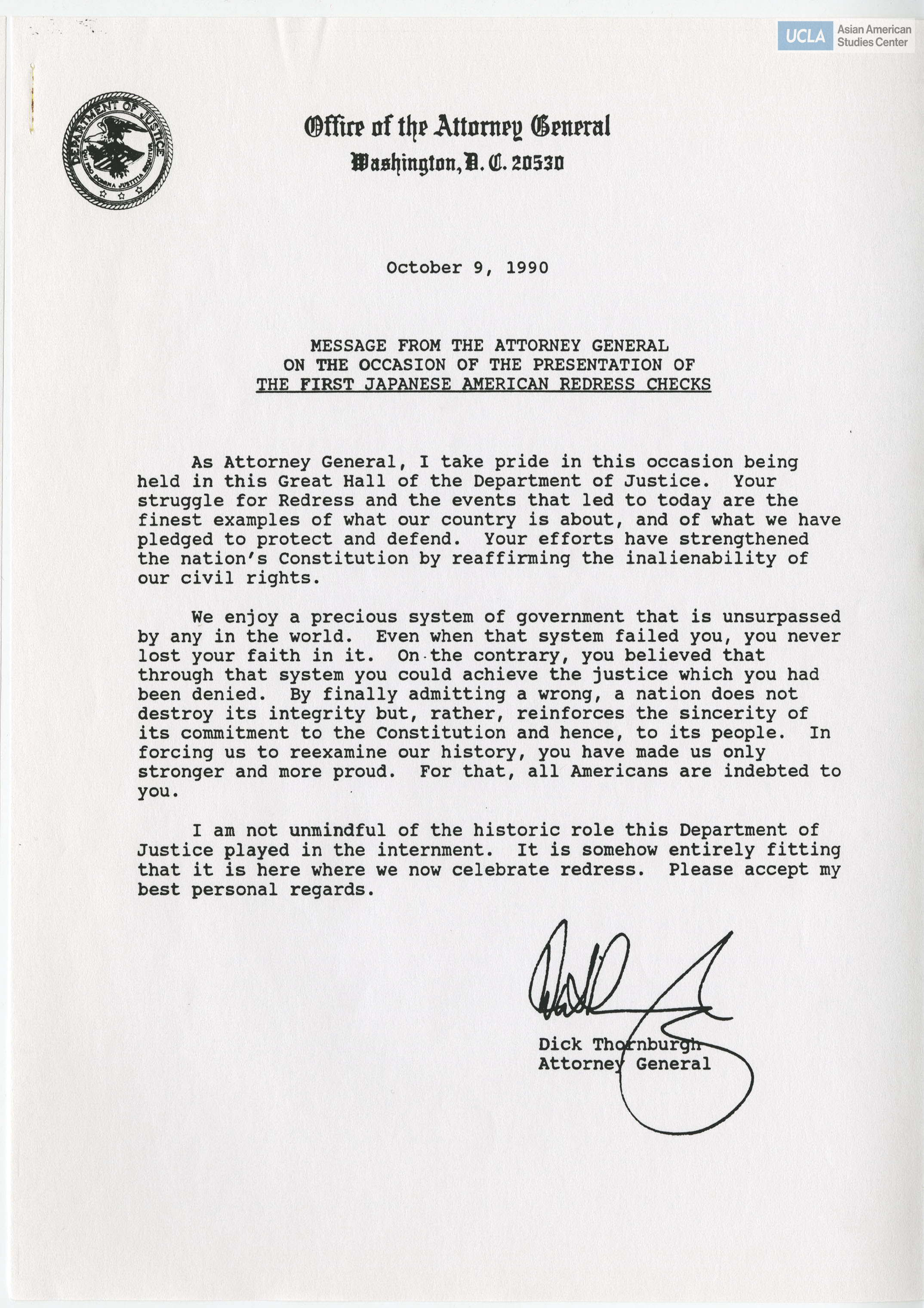 Dick Thornburgh, Attorney General, on the celebratory event of Japanese American Redress payment. Includes members involved: John R. Dunne, James P. Turner, and Robert K. Bratt.