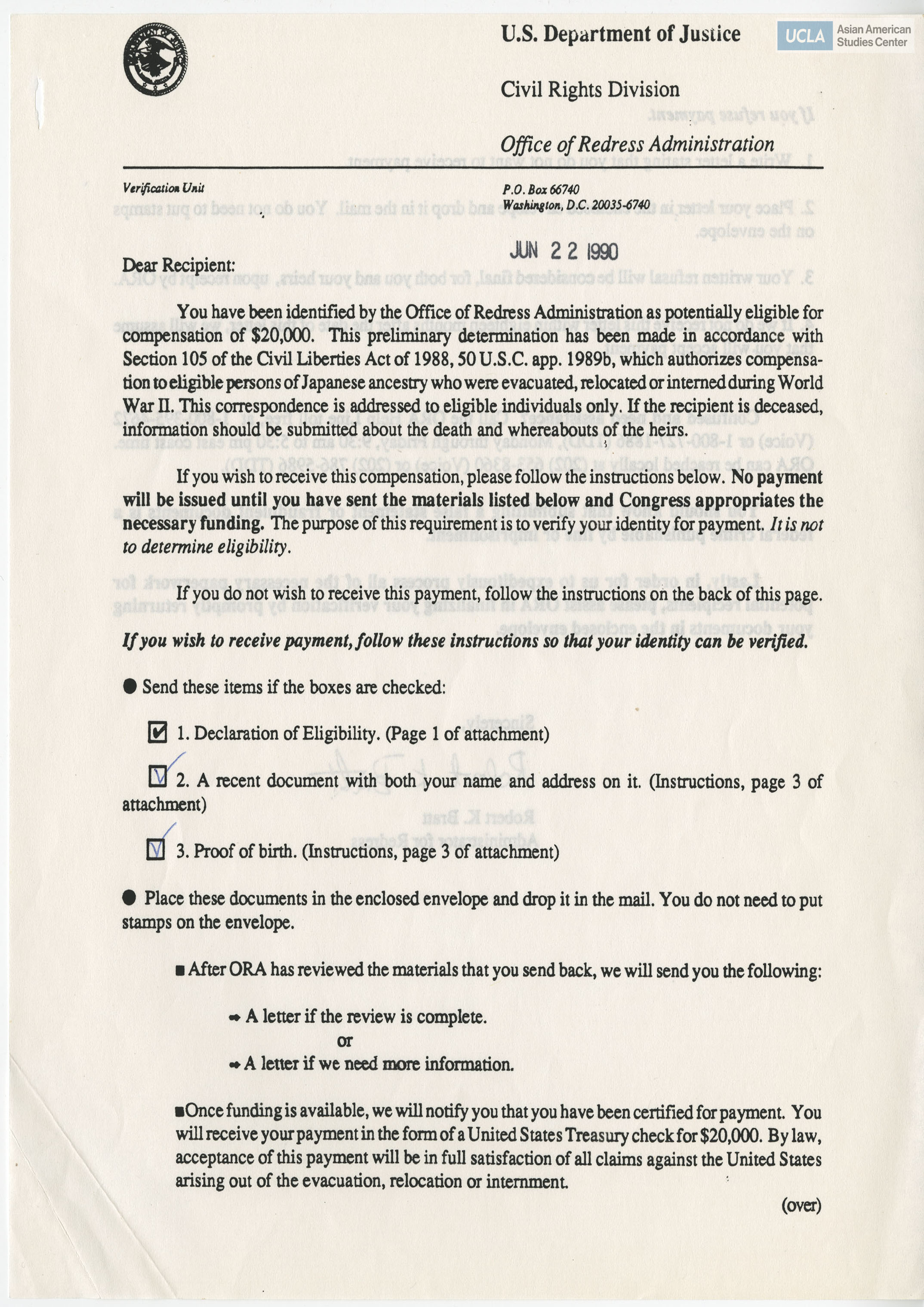 Application of eligibilty requirements regarding receiving redress compensation of $20,000.