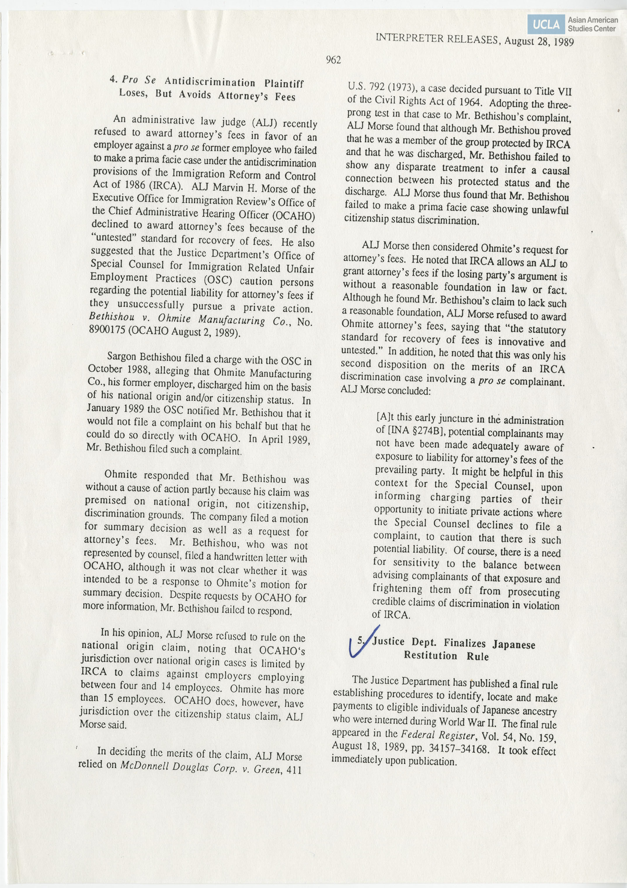 Article regarding the United States Department of Justice with payments and official apology to Japanese Americans who were forcebly removed and incarcerated during World War II.