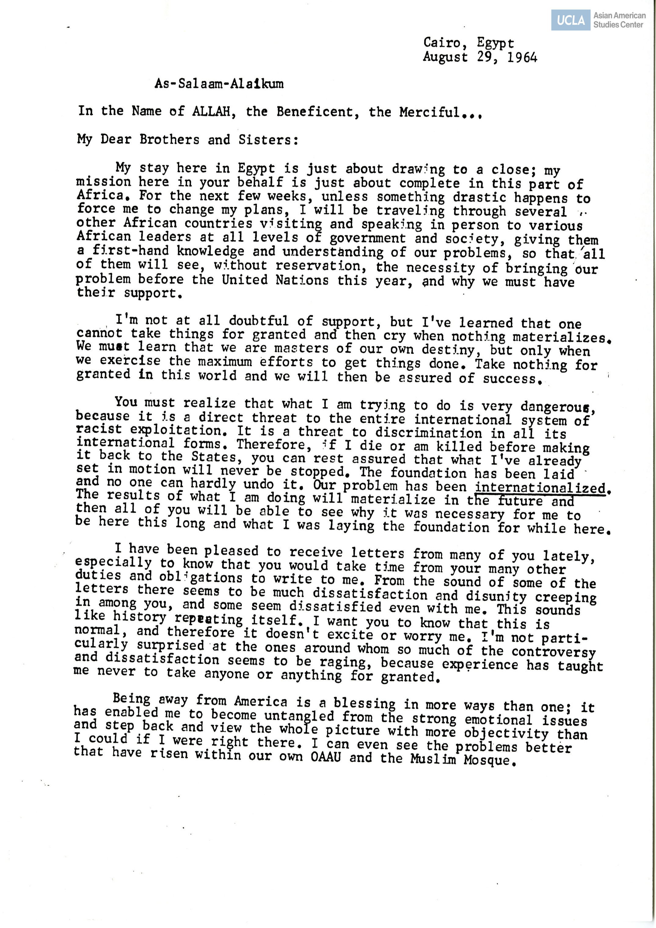 Letter regarding trip in Egypt with meeting African leaders.