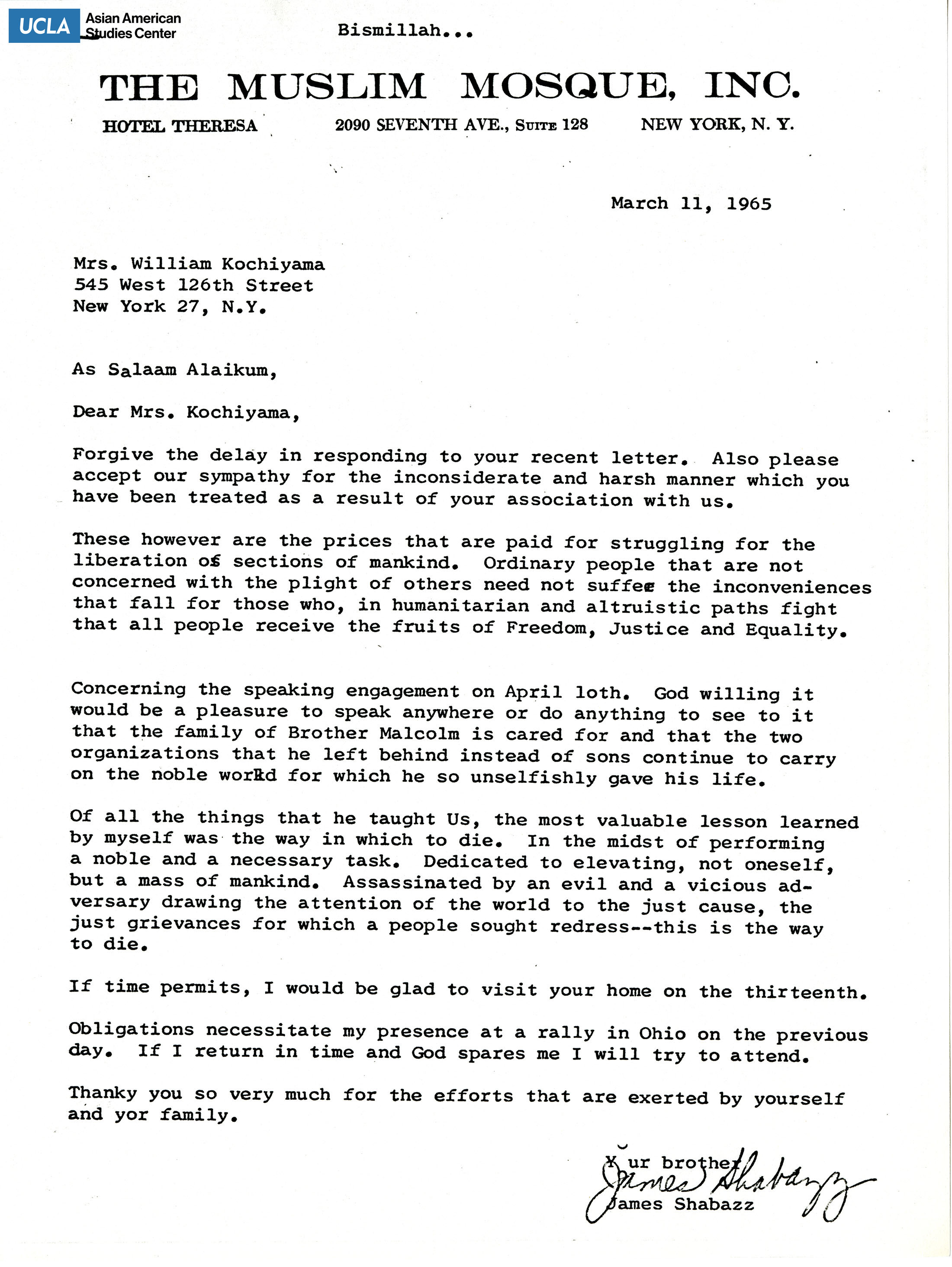 Letter addressed to Yuri Kochiyama regarding an upcoming speaking engagement. James Shabazz (Abdullah H. Abdur-Razzaq) was best known for his activism and Malcolm X's trusted aide.