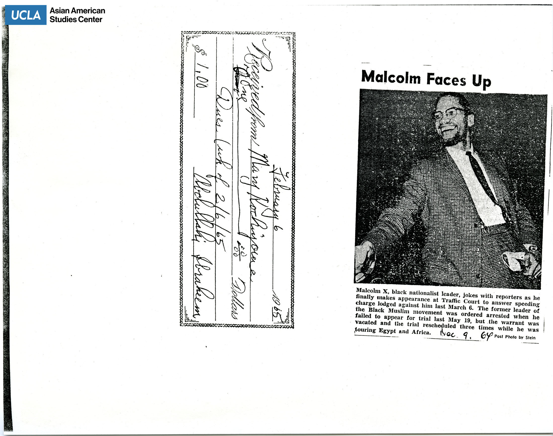 Receipt of donation from Yuri Kochiyama. Includes clipping of Malcolm X during trip to Egypt and Africa.