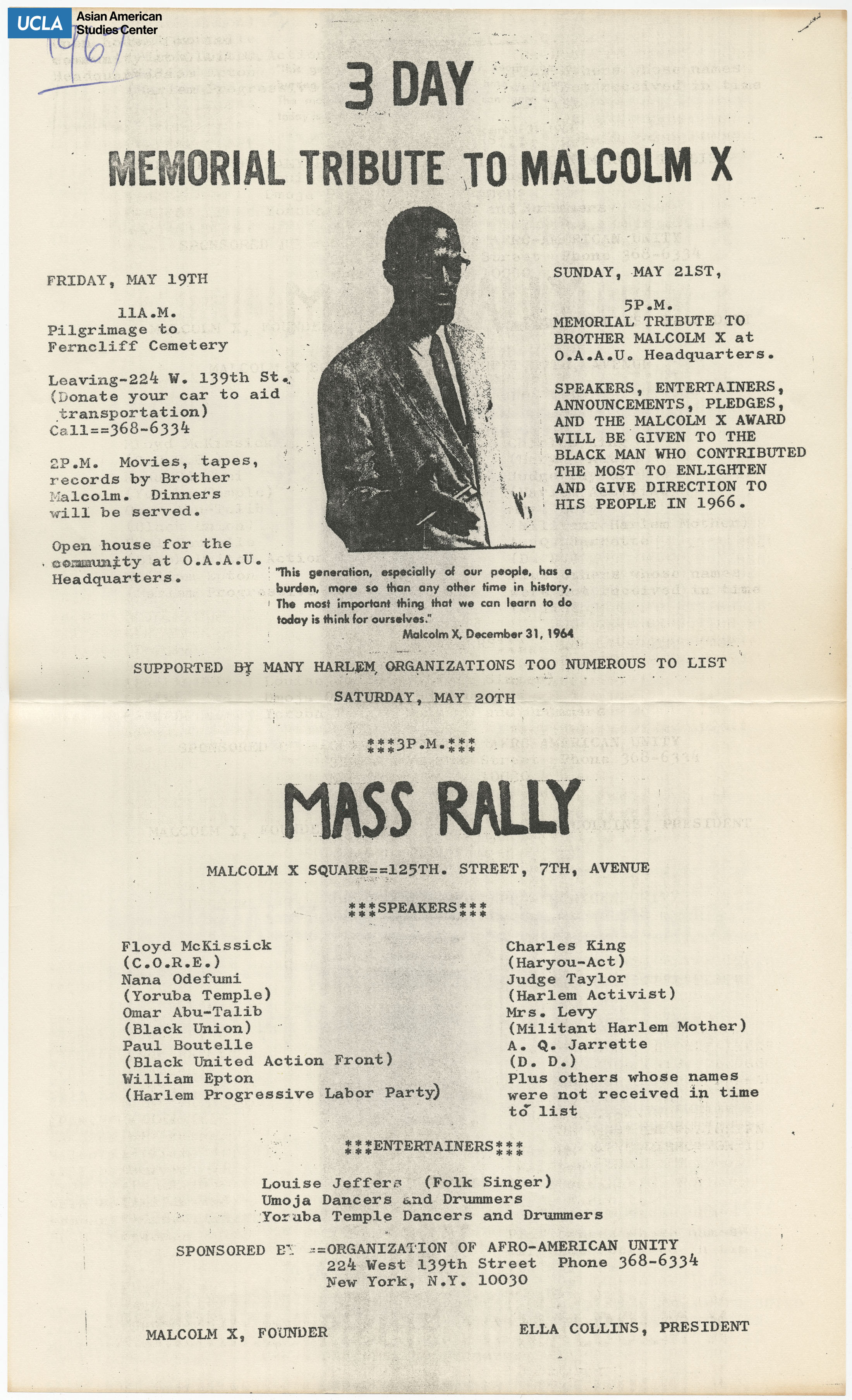 Flyer regarding the pilgrimage to Malcolm X's burial at Ferncliff Cemetery.