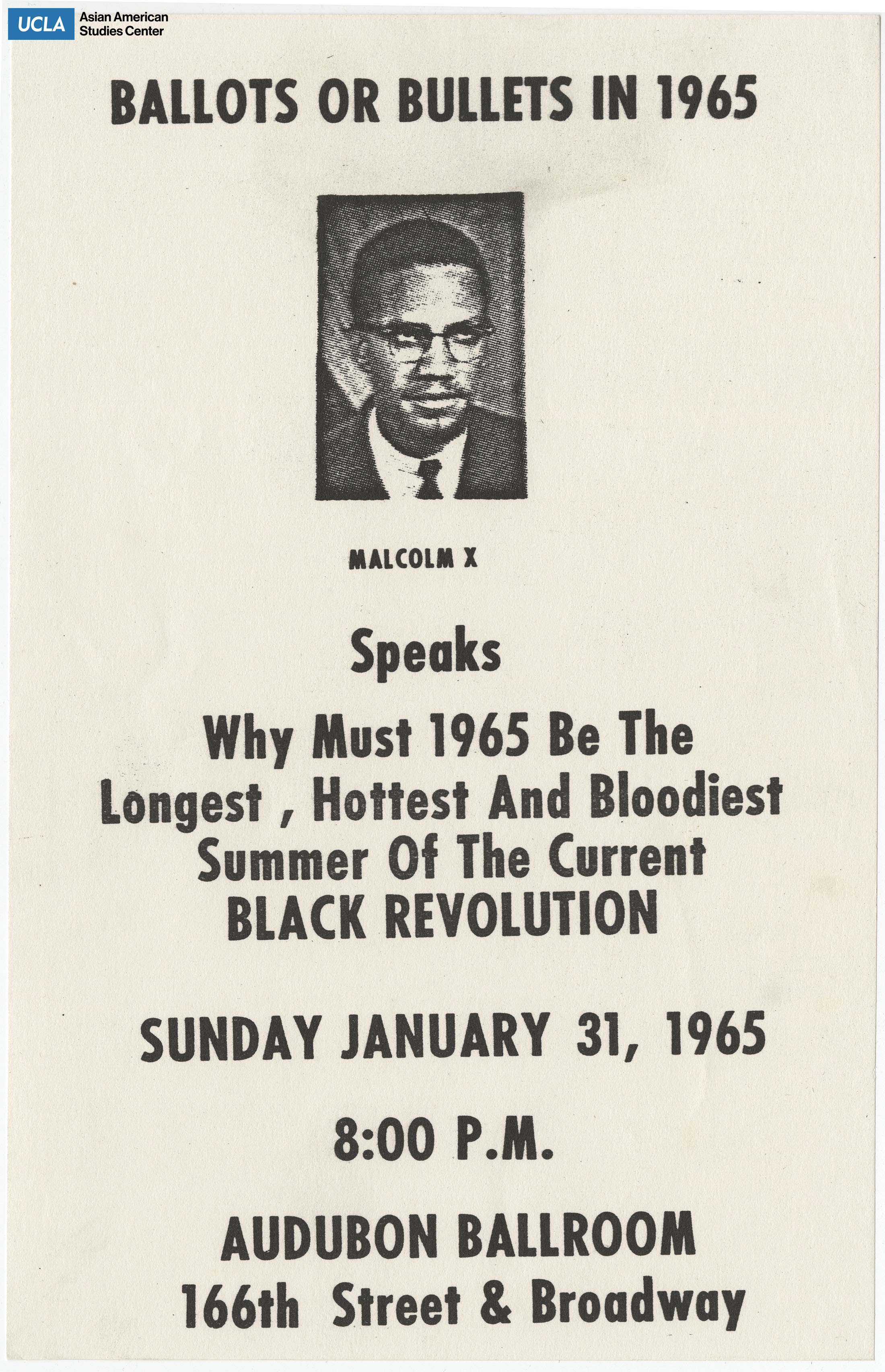 Flyer regarding a speaking event with Malcolm X at Audubon Ballroom.