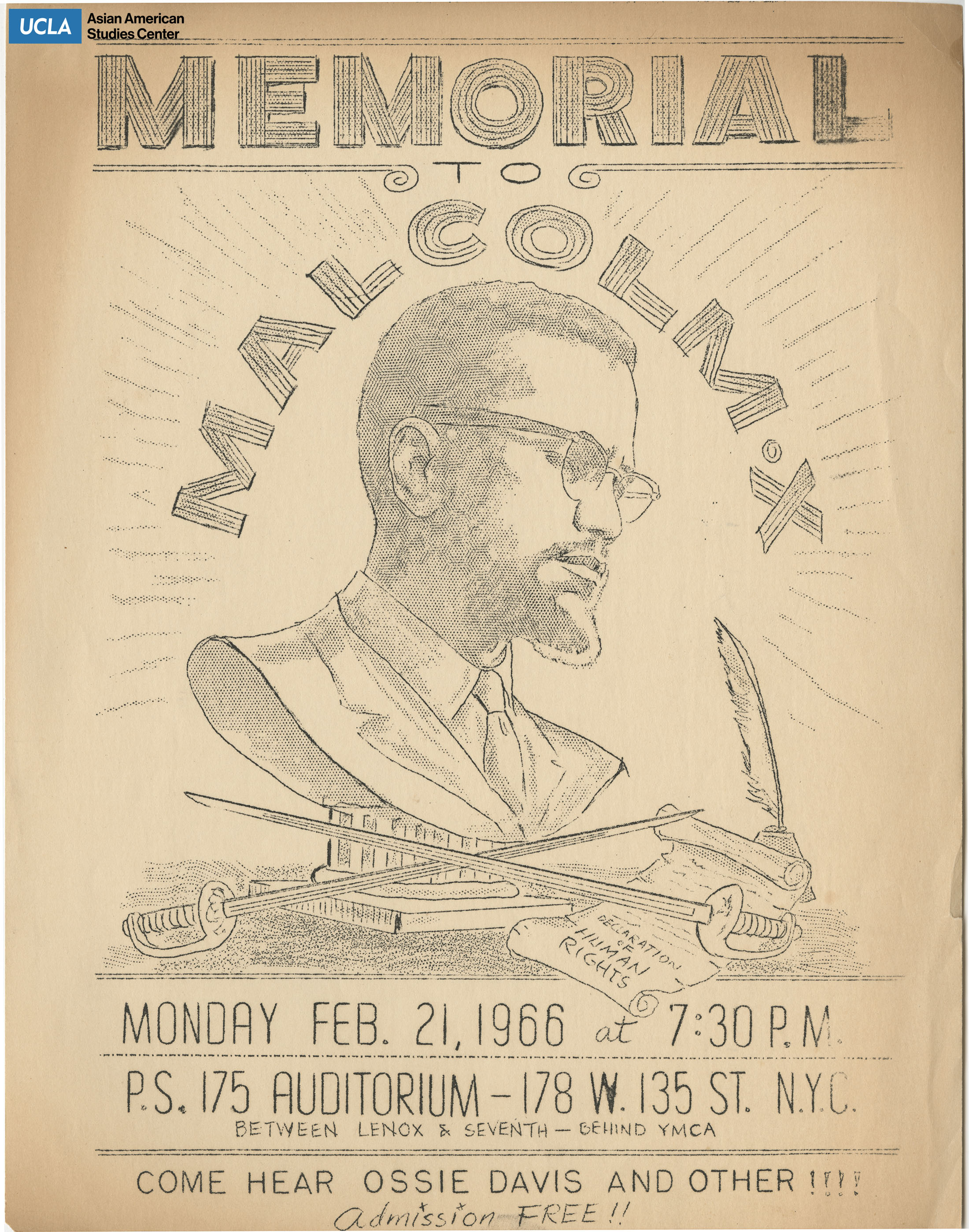 Flyer regarding a memorial to Malcolm X.