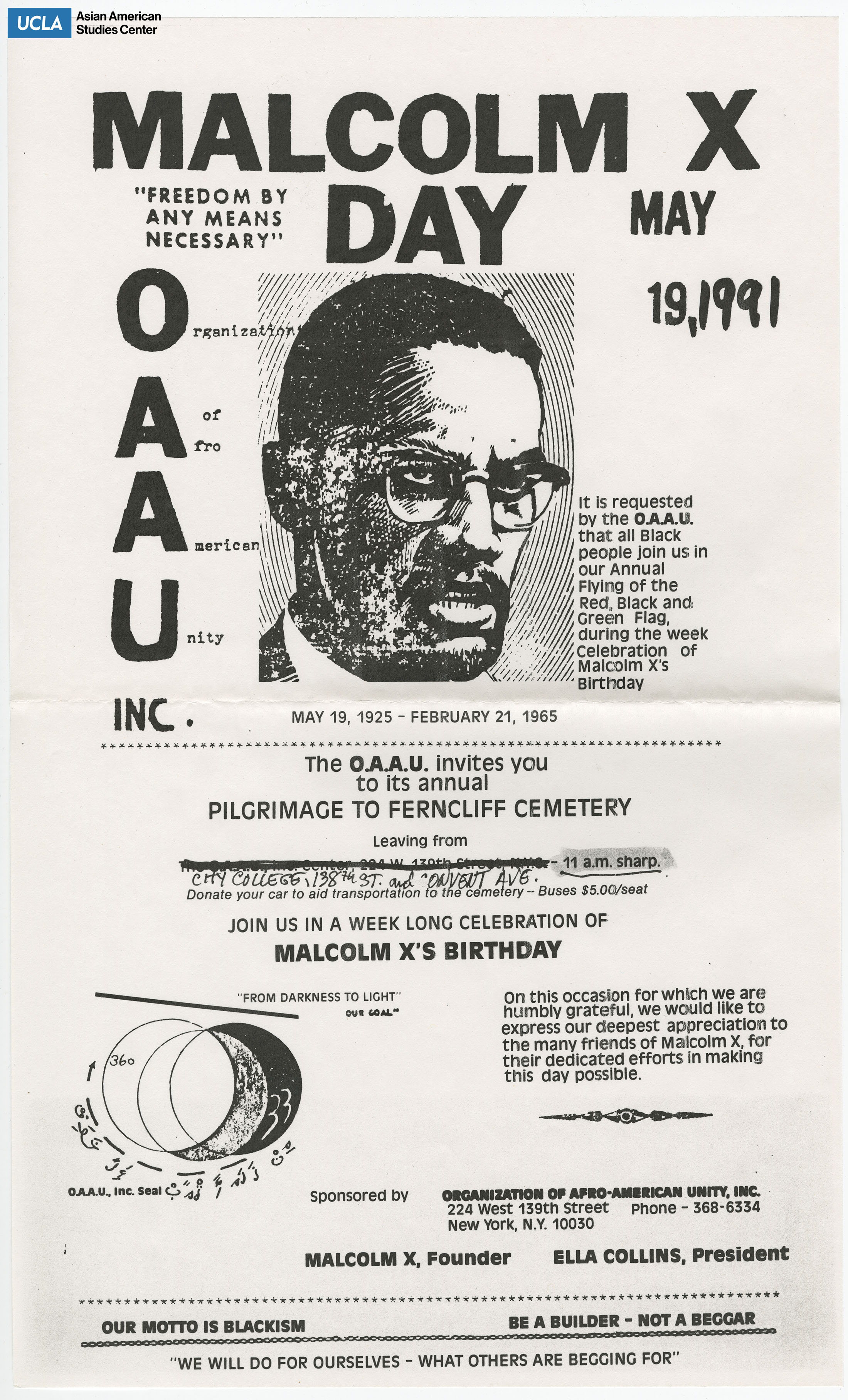 Flyer regarding pilgrimage to Ferncliff Cemetery on Malcolm X Day.