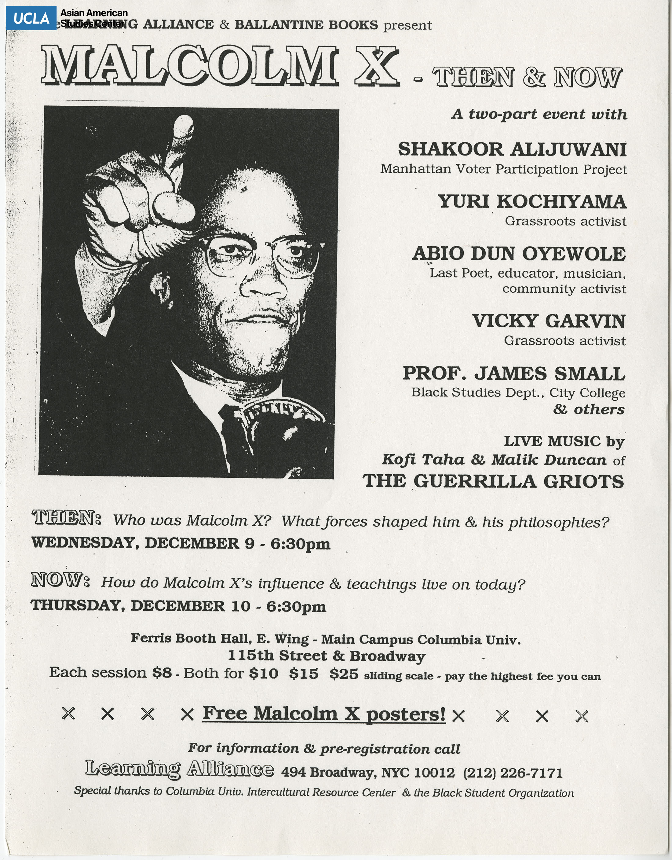 Flyer regarding speaking event on Malcolm X. Yuri Kochiyama is one of the speakers at this event.