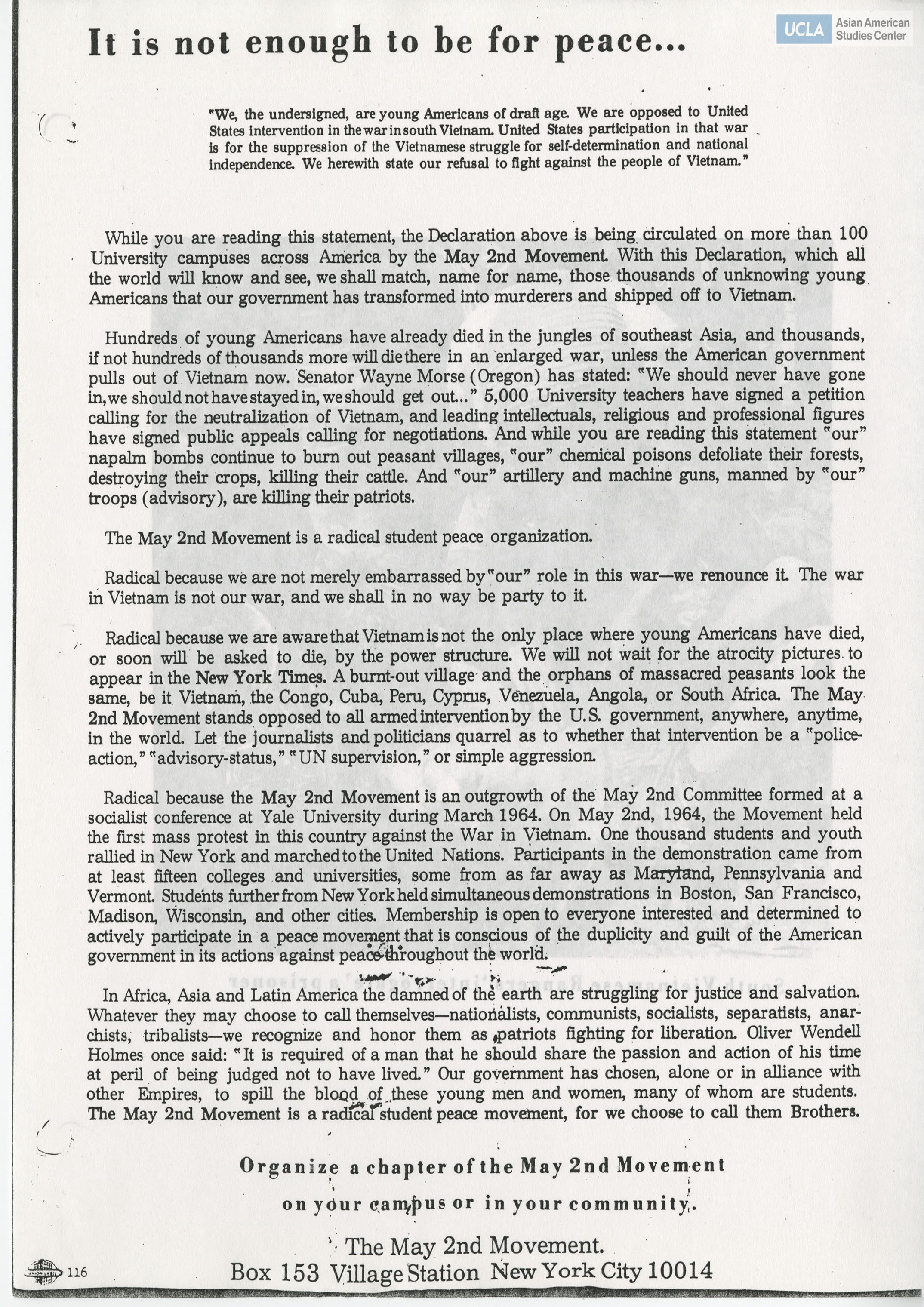The May 2nd Movement were student organized demonstrations against the Vietnam War.