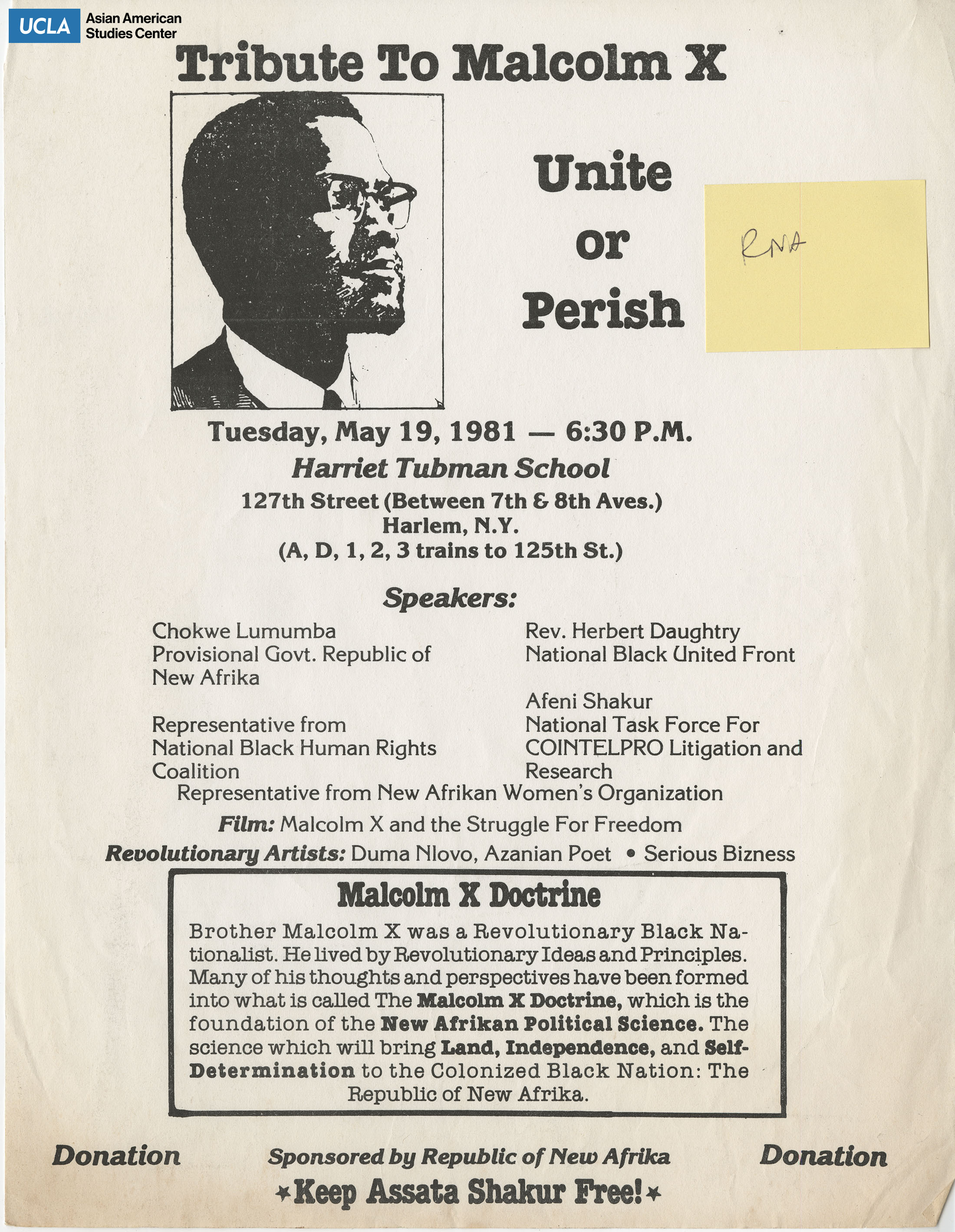 Flyer regarding a tribute event to Malcolm X.
