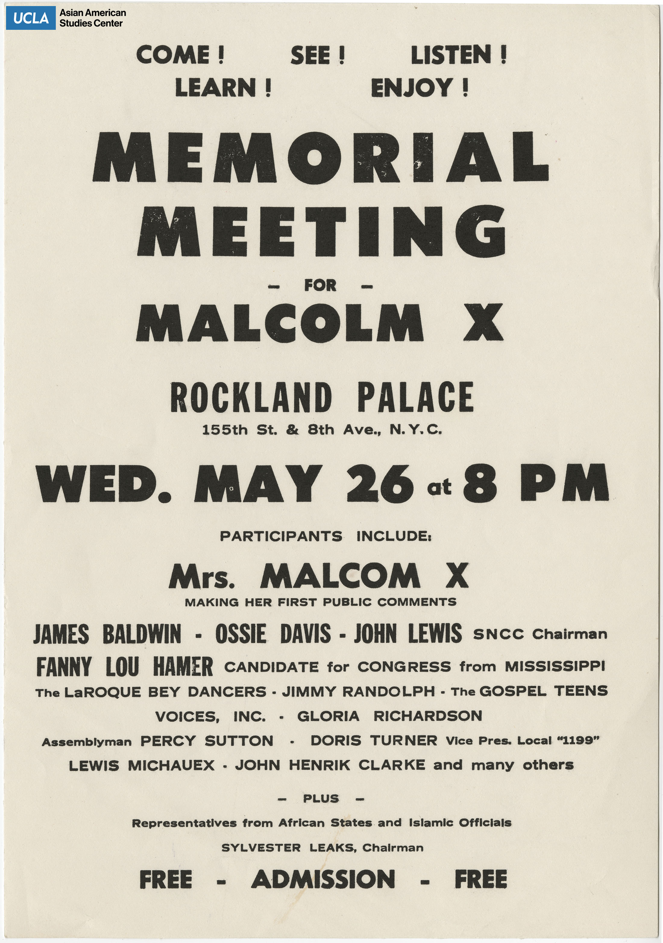 Flyer regarding a memorial meeting on Malcolm X Day.