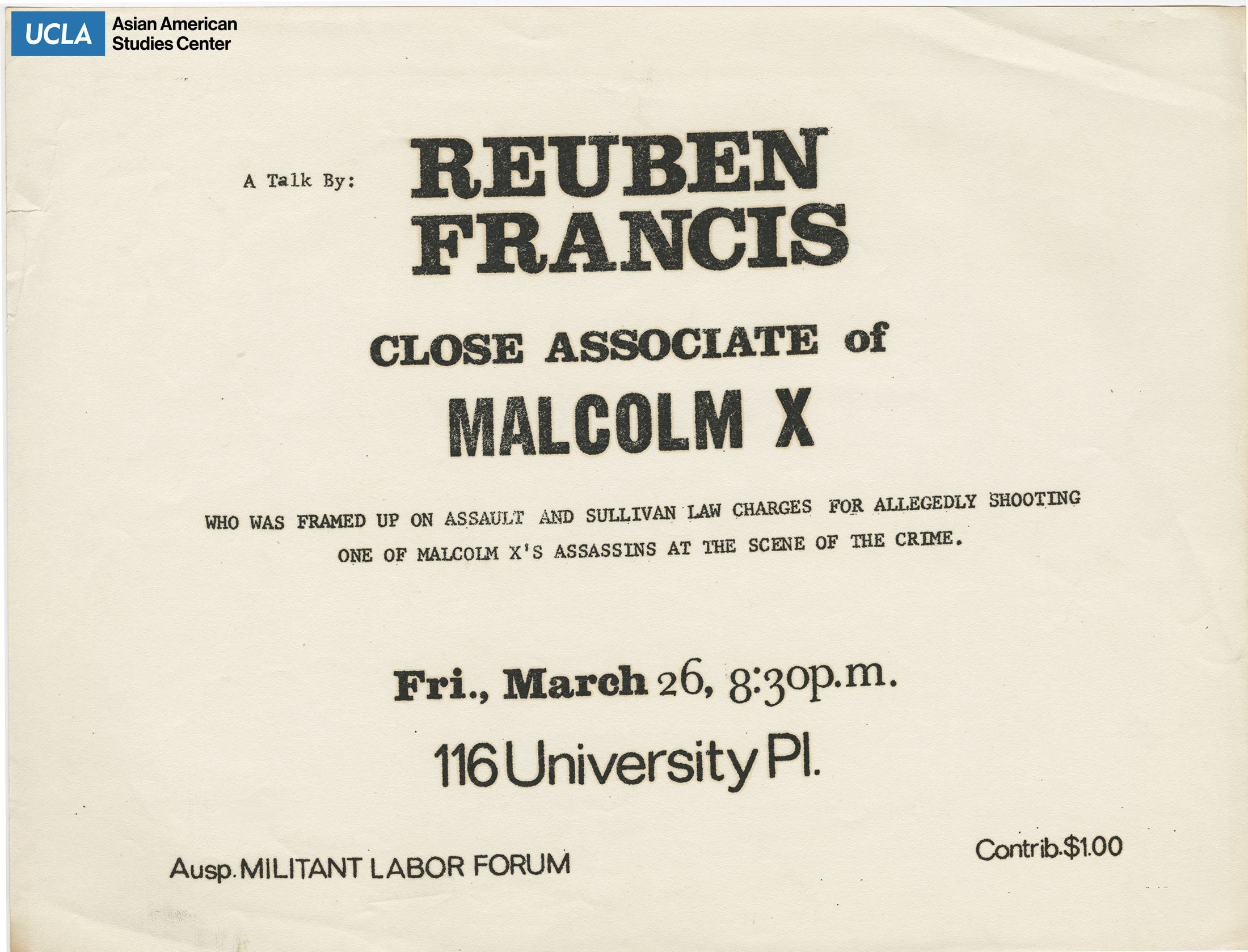 Flyer regarding a speaking event with Reuben Francis.