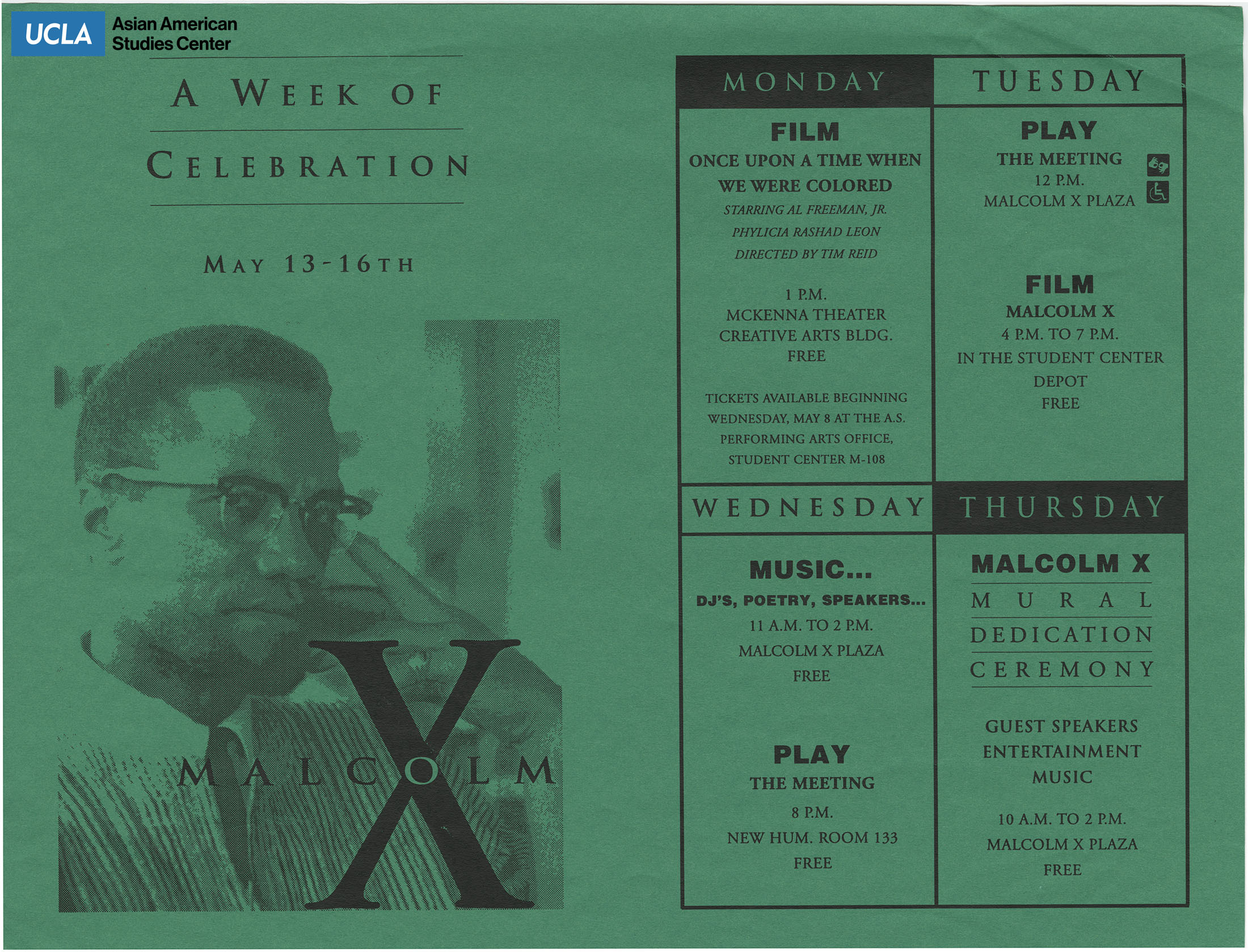 Flyer regarding a week of celebration event on Malcolm X.