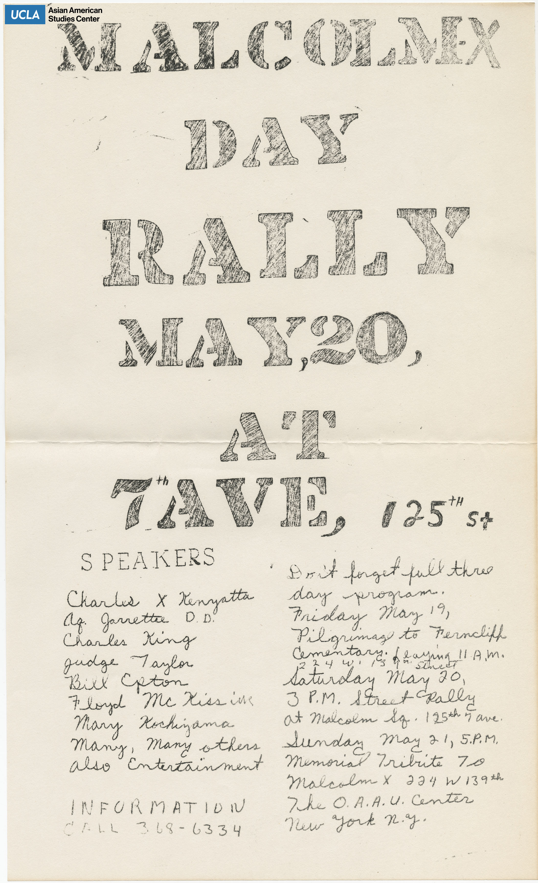 Flyer regarding a rally on Malcolm X Day with guest speakers.