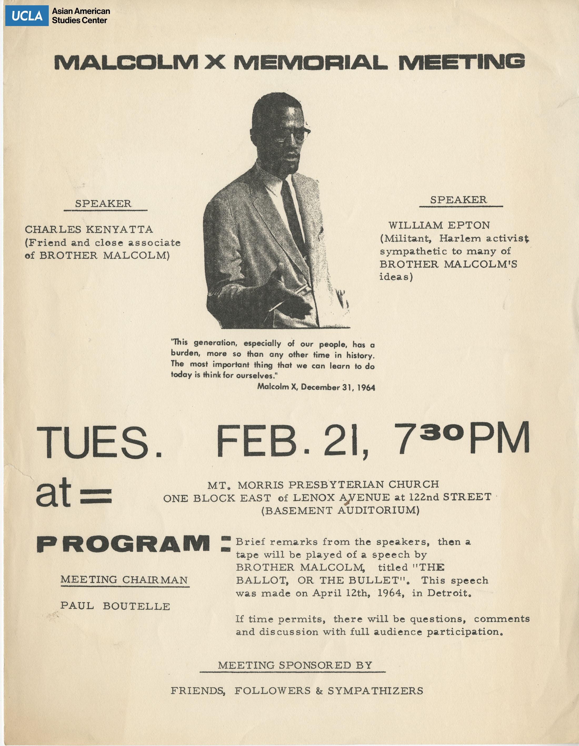 Flyer regarding a memorial meeting on Malcolm X at Mt. Morris Presbyterian Church.