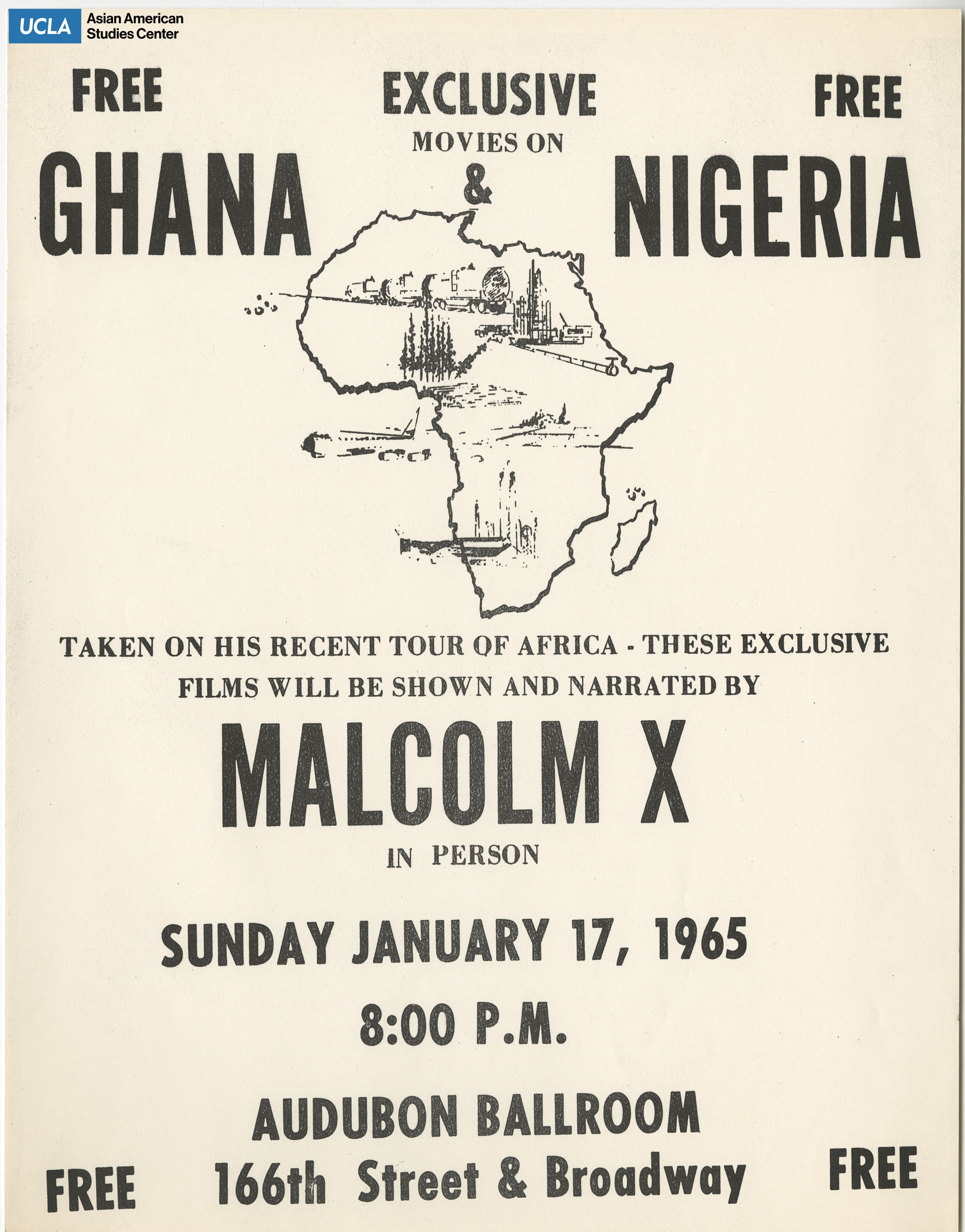 Flyer regarding event on a film of Malcolm X's tour of Africa, to be narrated by Malcolm X.