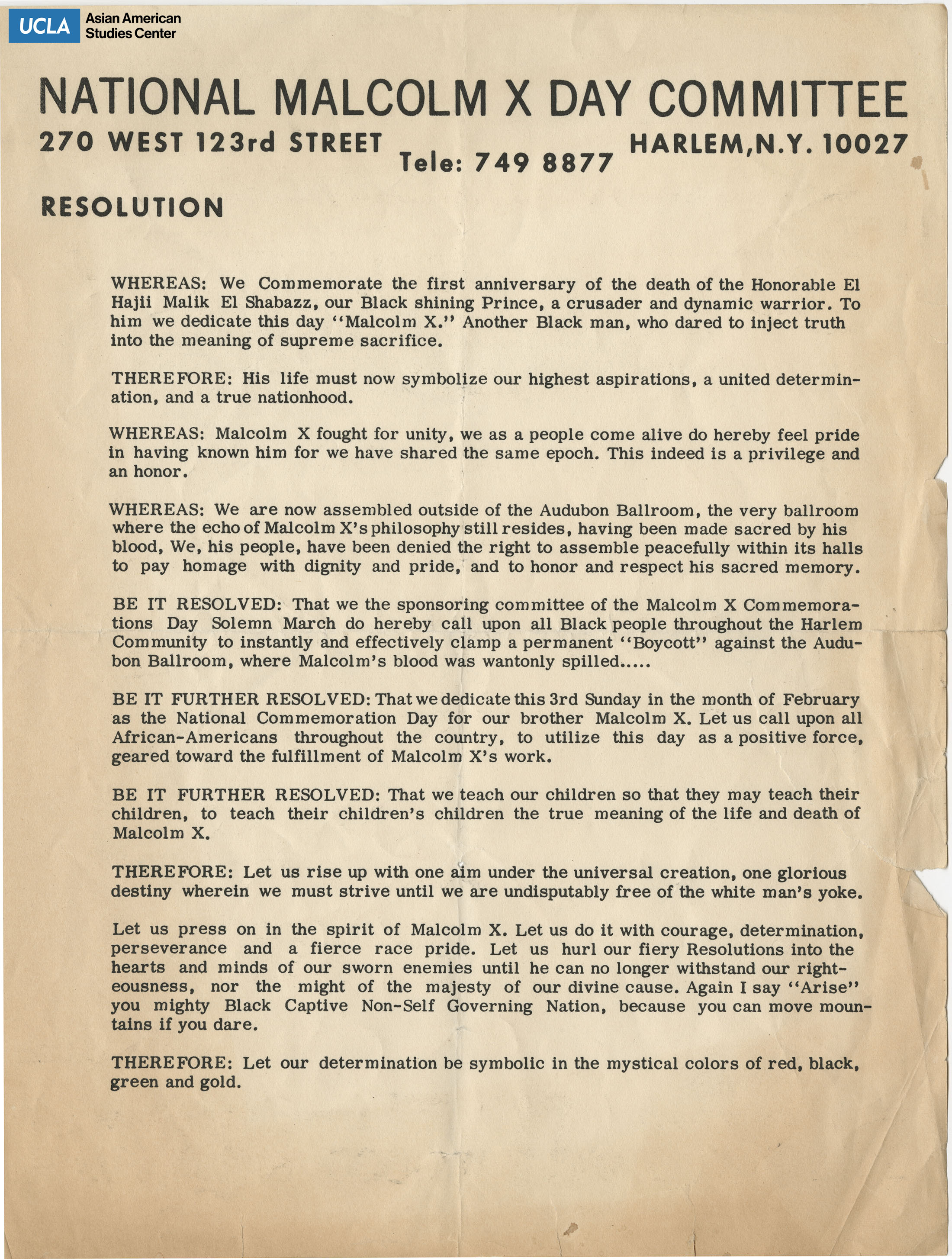 Malcolm X Day Committee states the first year anniversary of Malcolm X's death.