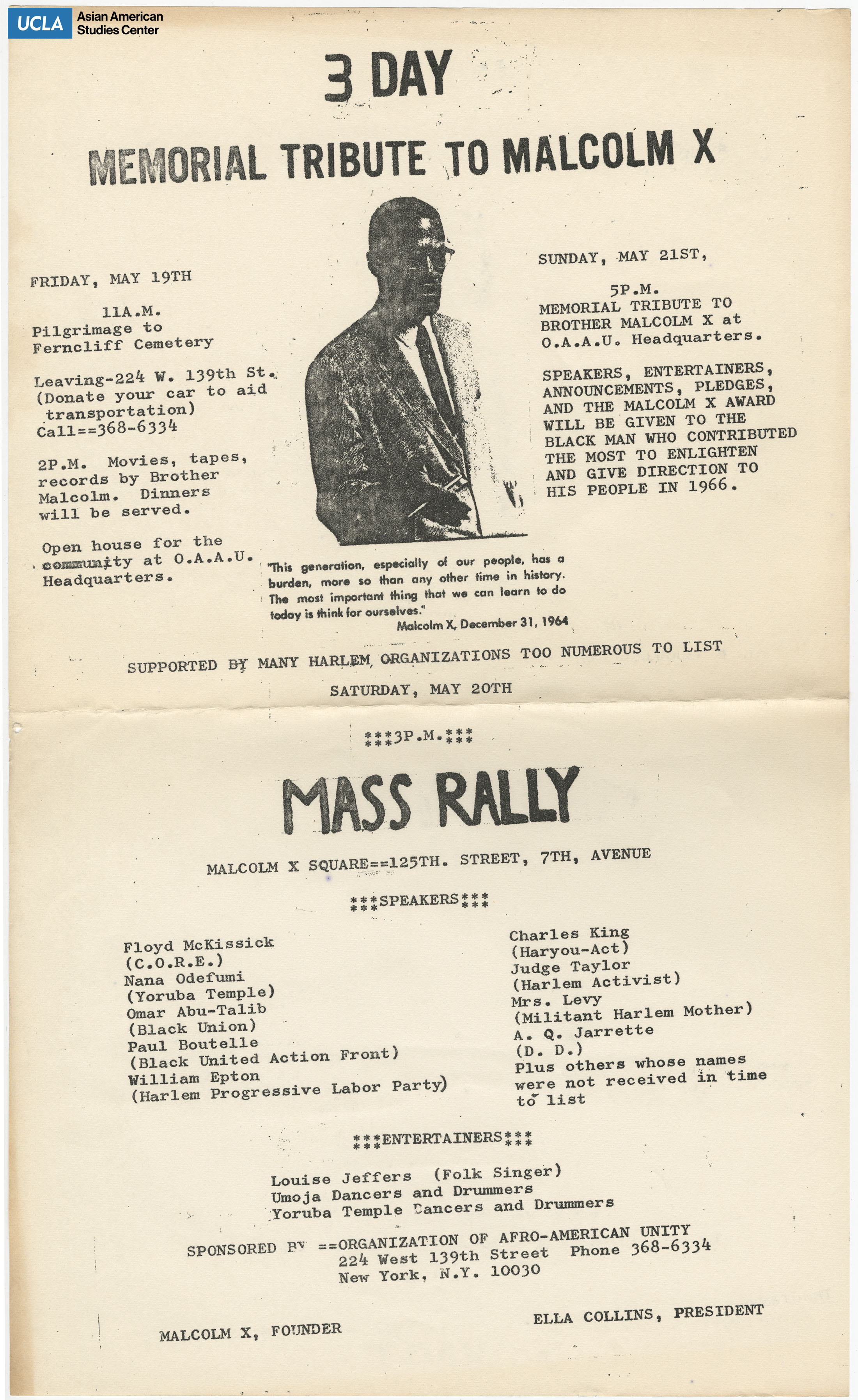 Flyer regarding a mass rally and 3 day memorial tribute to the assassination of Malcolm X.