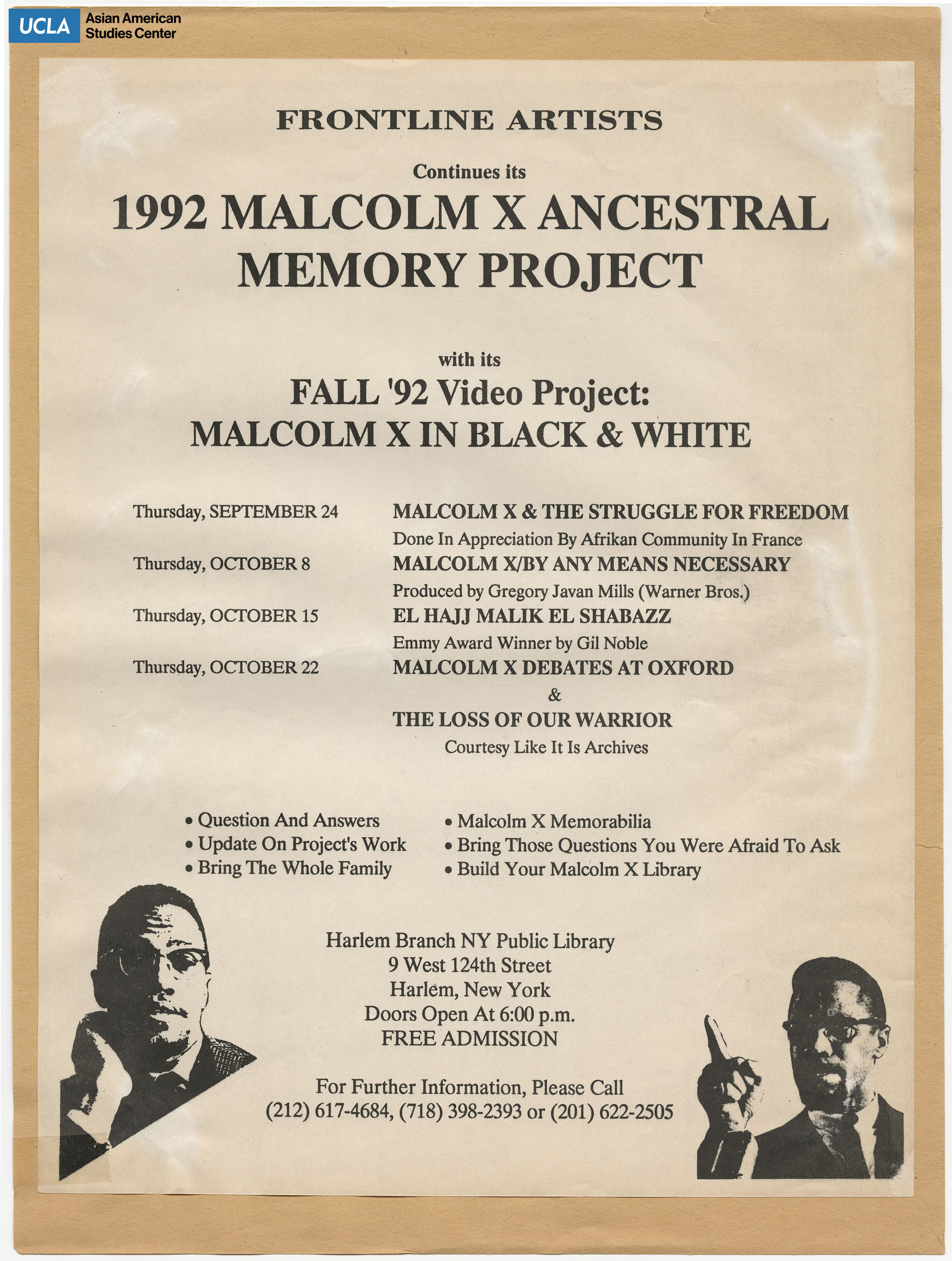 Flyer regarding an archival project of Malcolm X at the Harlem Branch New York Public Library.