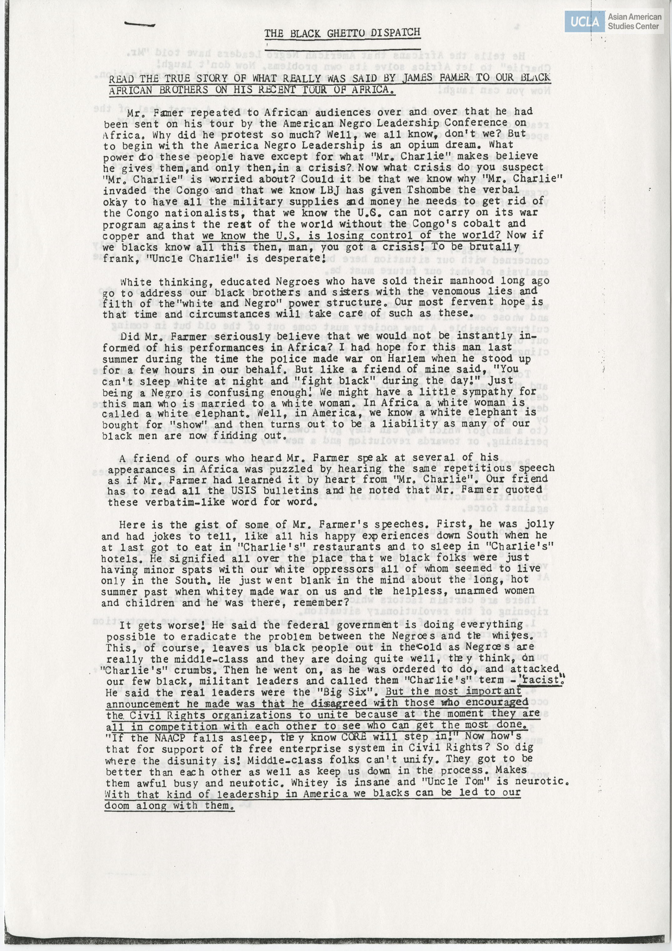 Essay regarding James Farmer's tour of Africa.