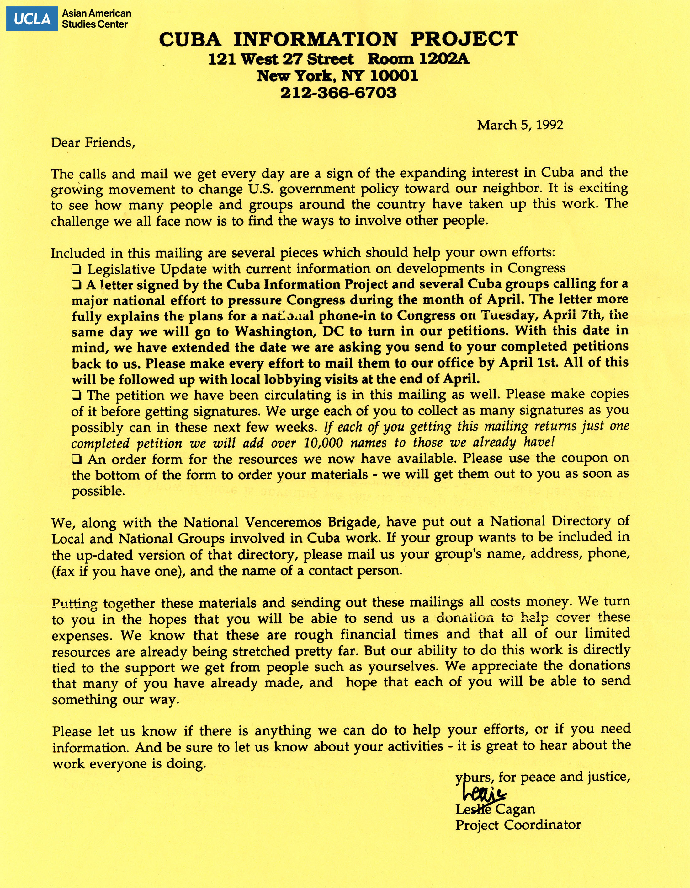 Letter regarding changing U.S. government policies and involvement in Cuba.