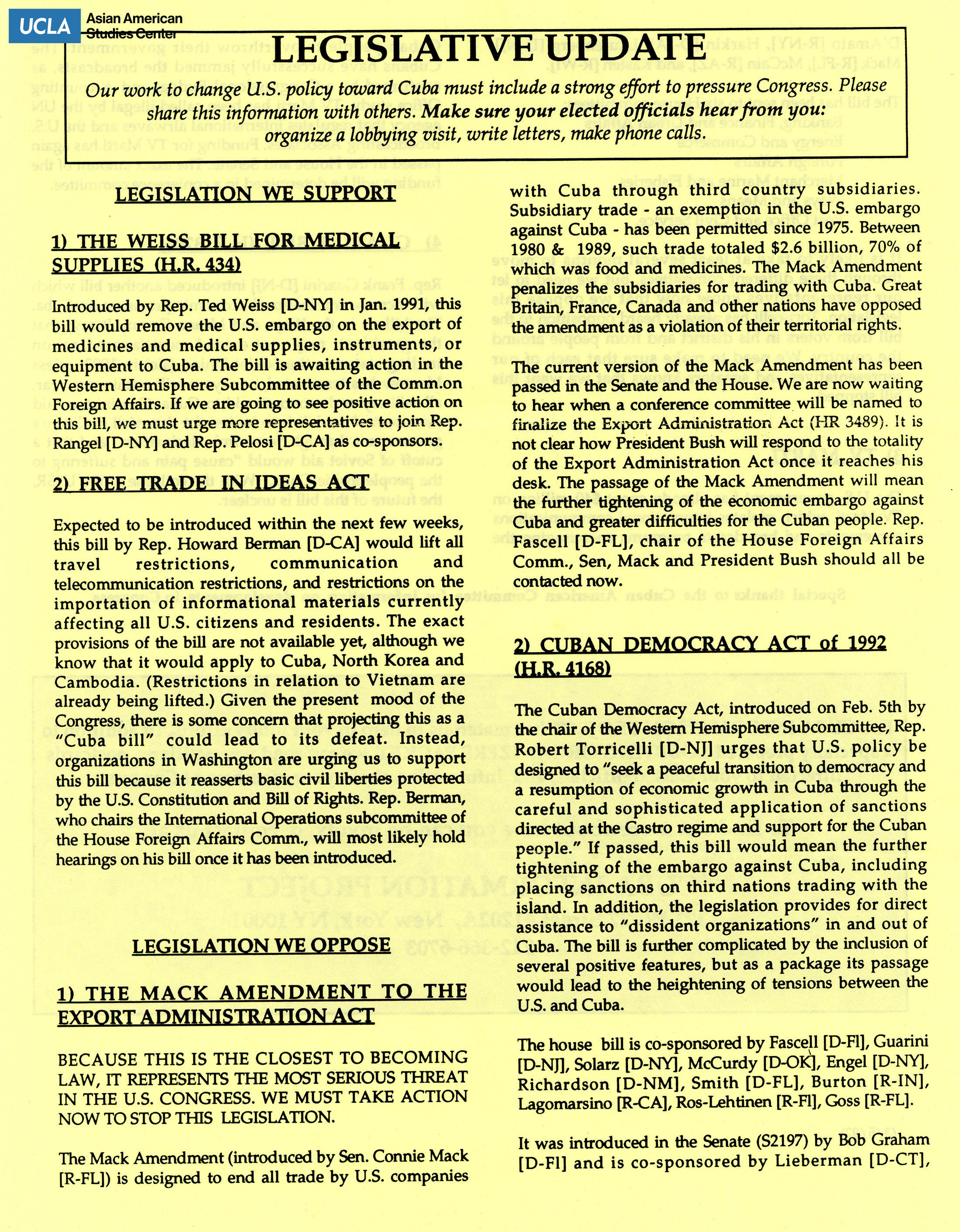 Fact Sheet regarding U.S. legislative support for Cuba.