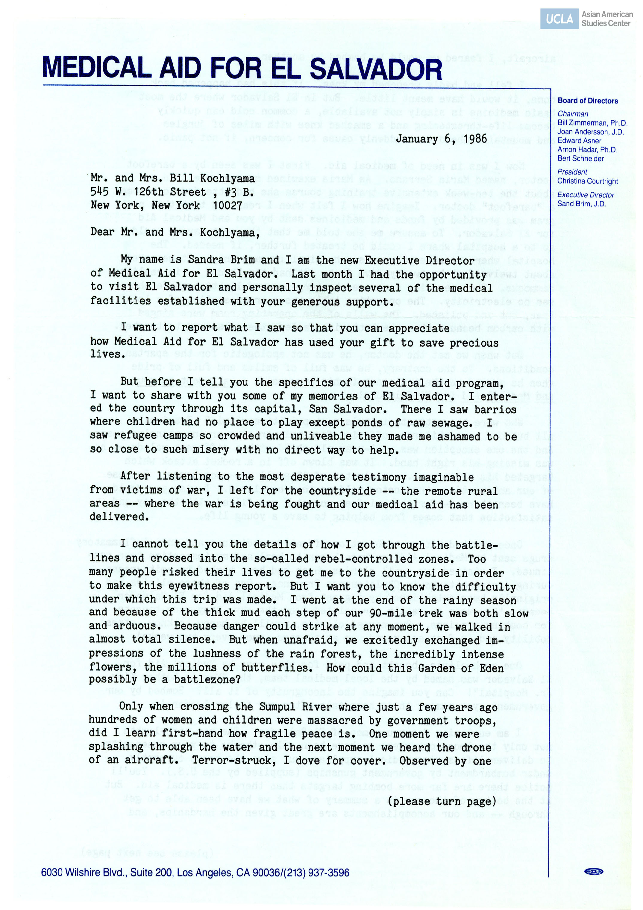 Letter addressed to Yuri and Bill Kochiyama regarding providing medical aid for El Salvador. Includes a donation slip.