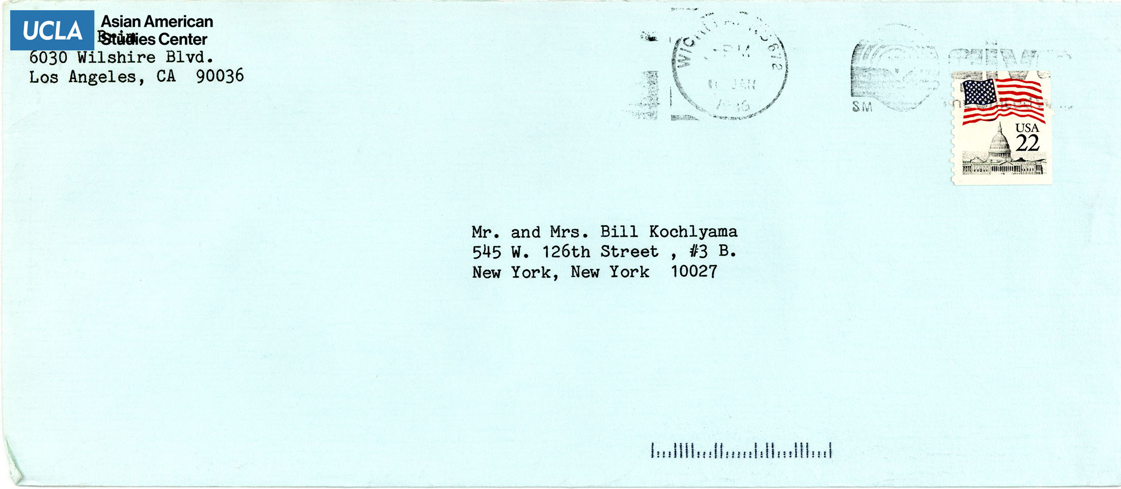 Envelope addressed to Yuri and Bill Kochiyama. Postmarked on January 10, 1986.