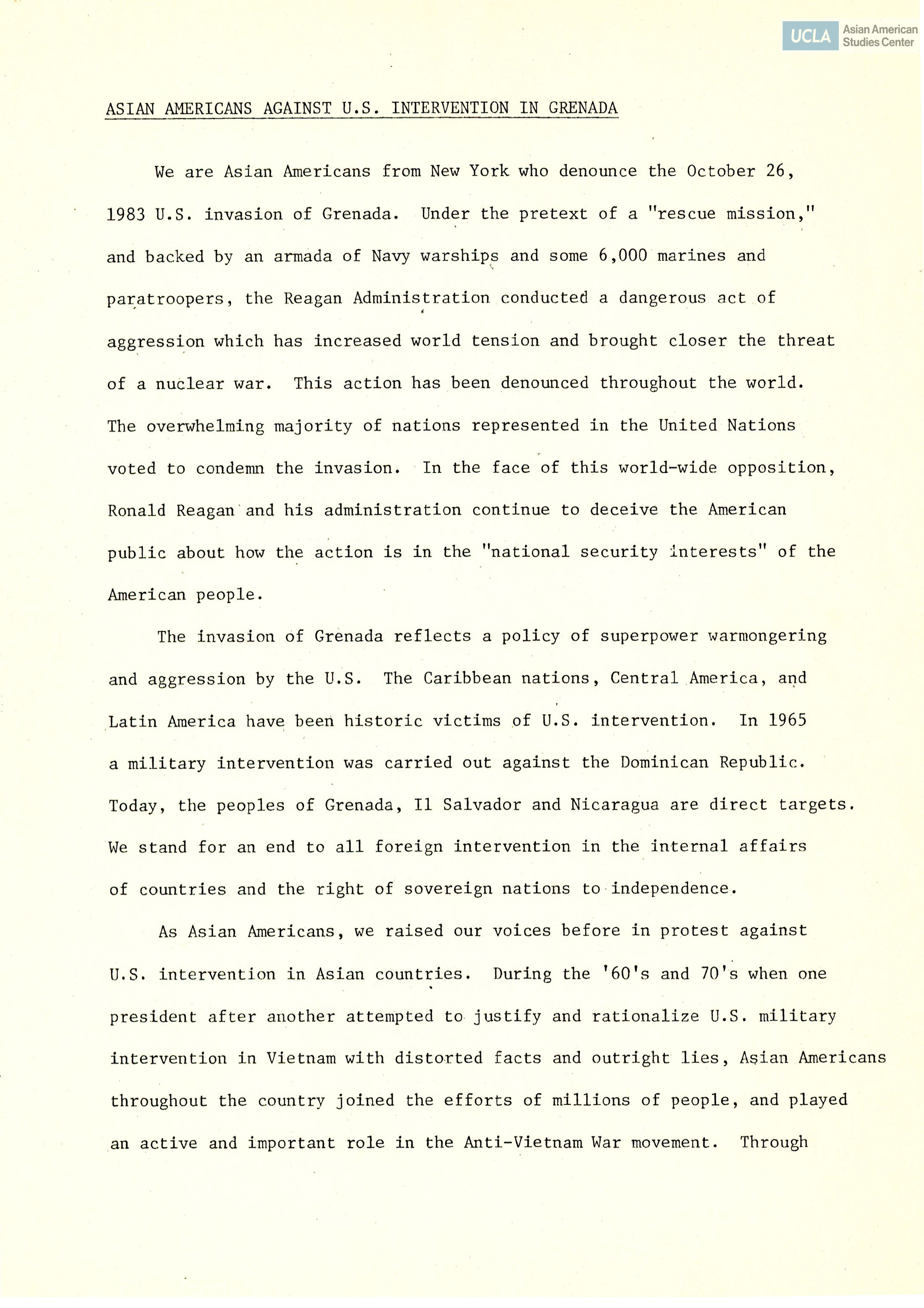 Statement regarding Asian Americans denouncing the invasion of Grenada.