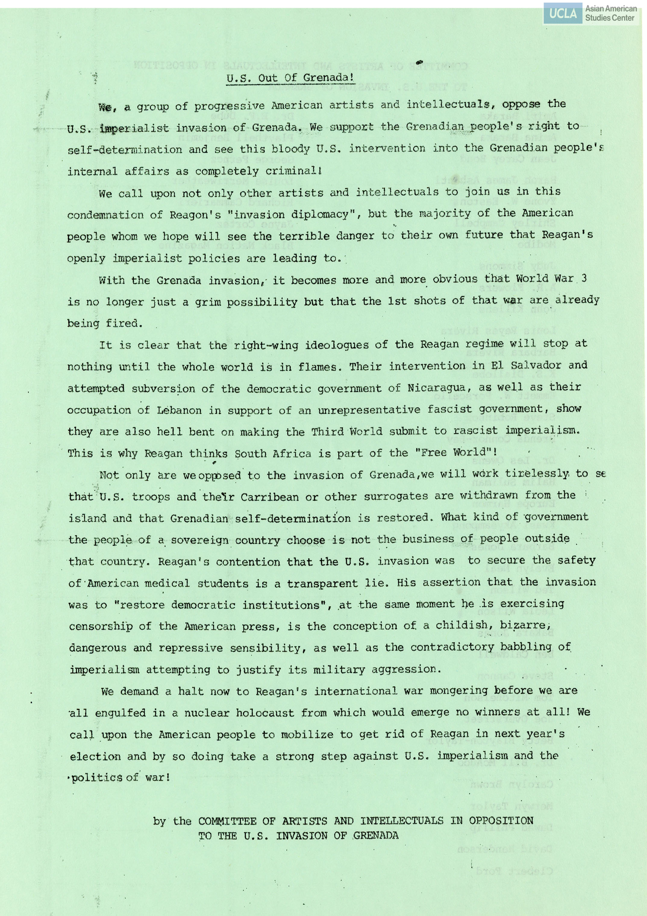 Statement regarding American artists and intellectuals denouncing the invasion of Grenada. Includes list of committee members.