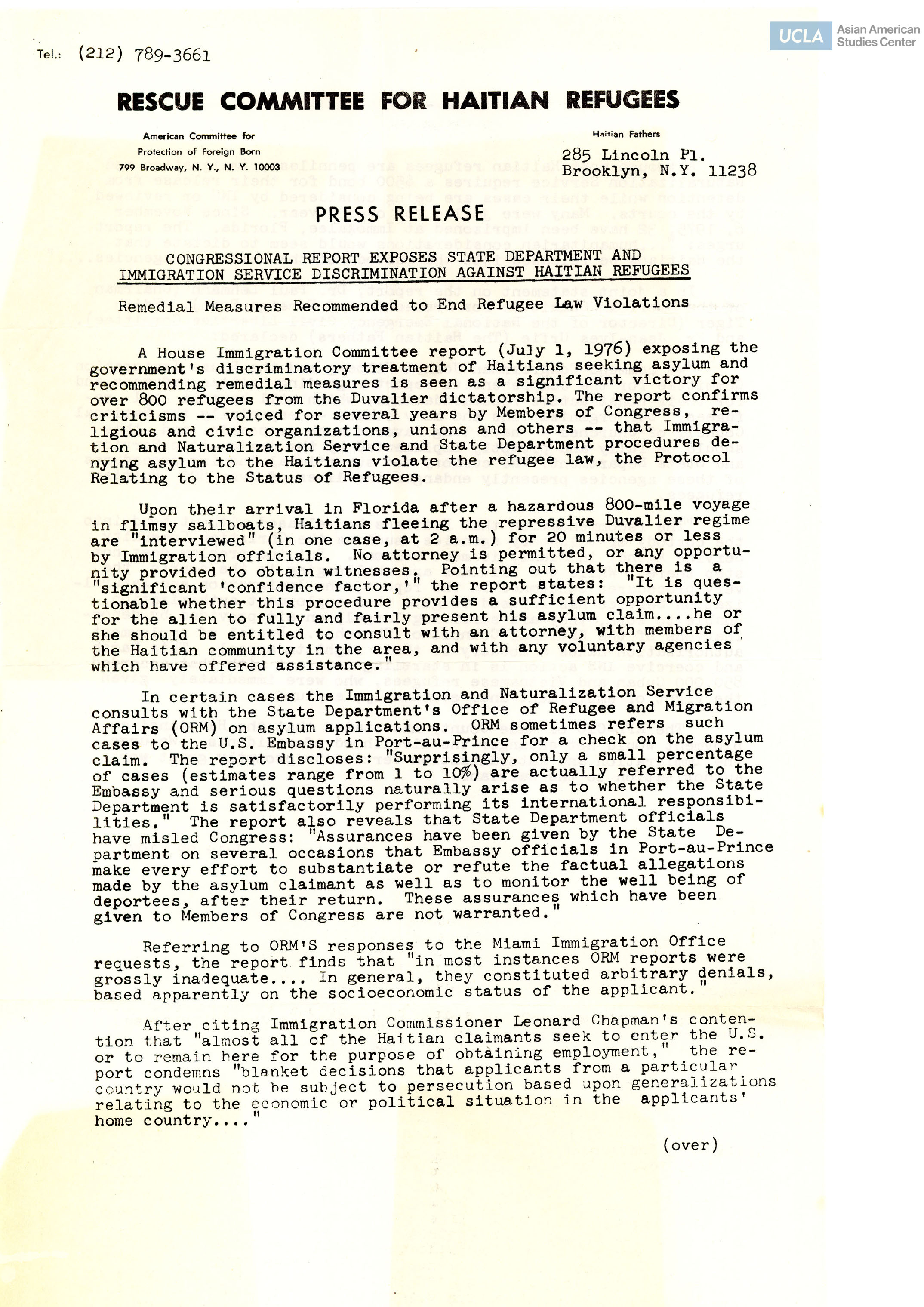 Press regarding a House Immigration Committee report on discriminatory practices against Haitian refugees by U.S. State Department.
