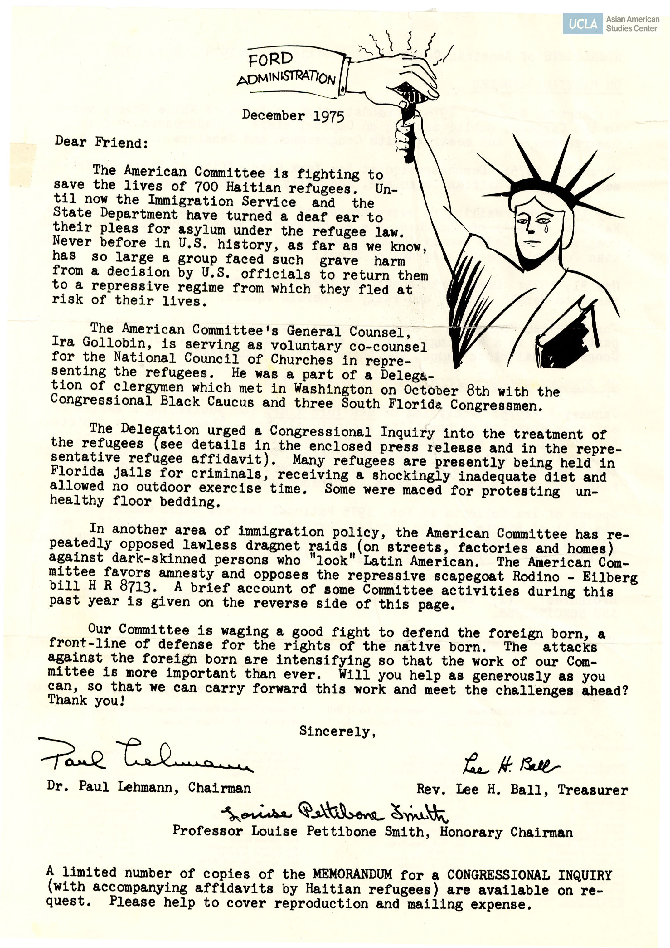 Letter regarding the mistreatment and discrimination of Haitian refugees by the Immigration Service and U.S. State Department.