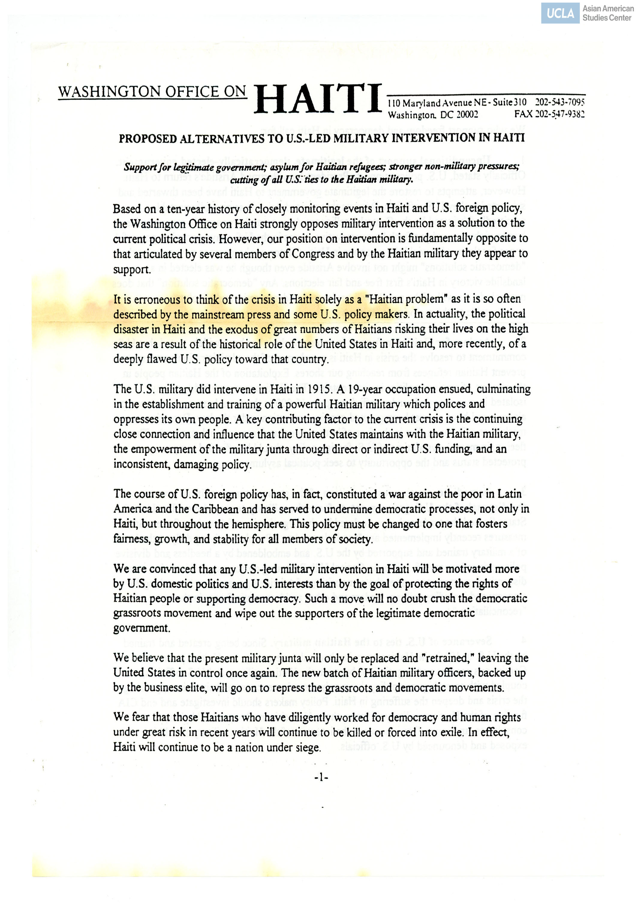 Proposal regarding U.S. intervention in Haiti and failures of support for Haitian refugees.