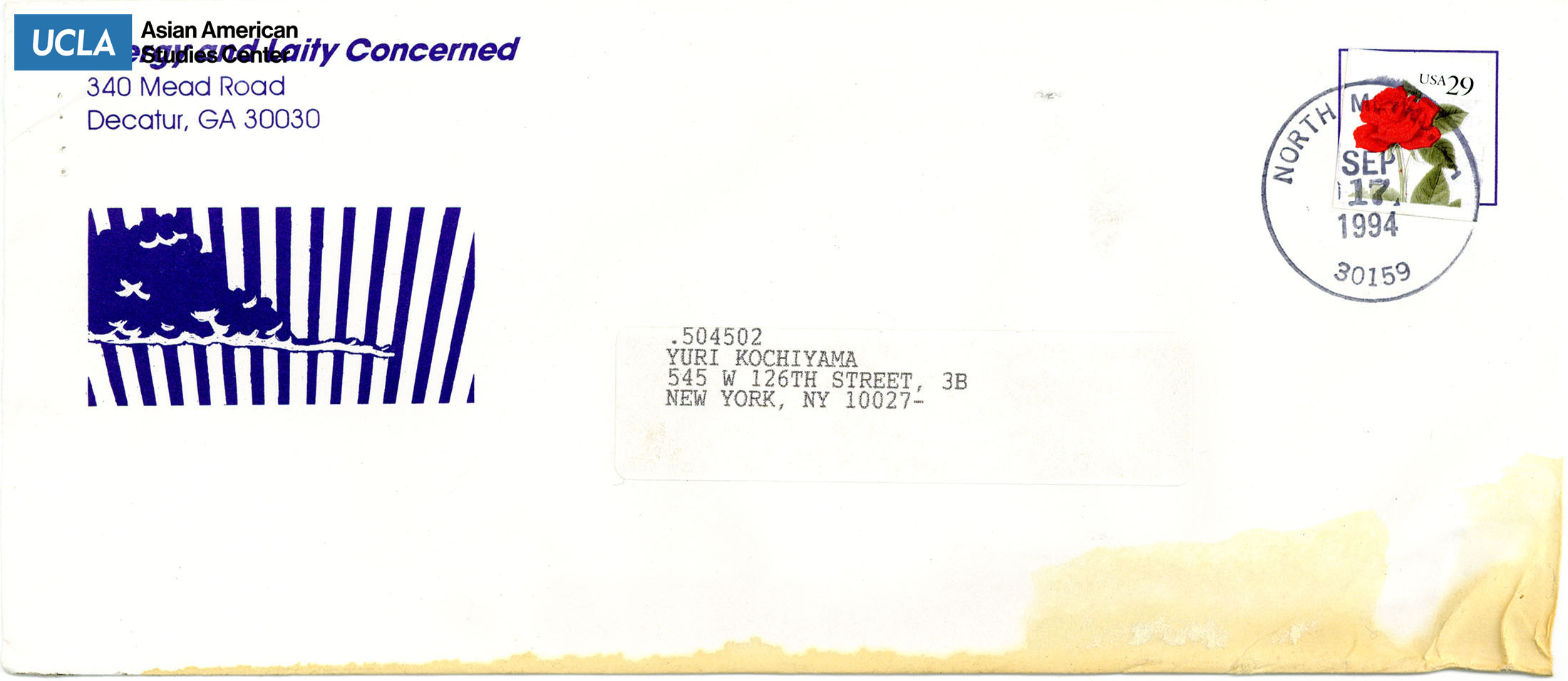 Envelope addressed to Yuri Kochiyama. Postmarked on September 17, 1994.