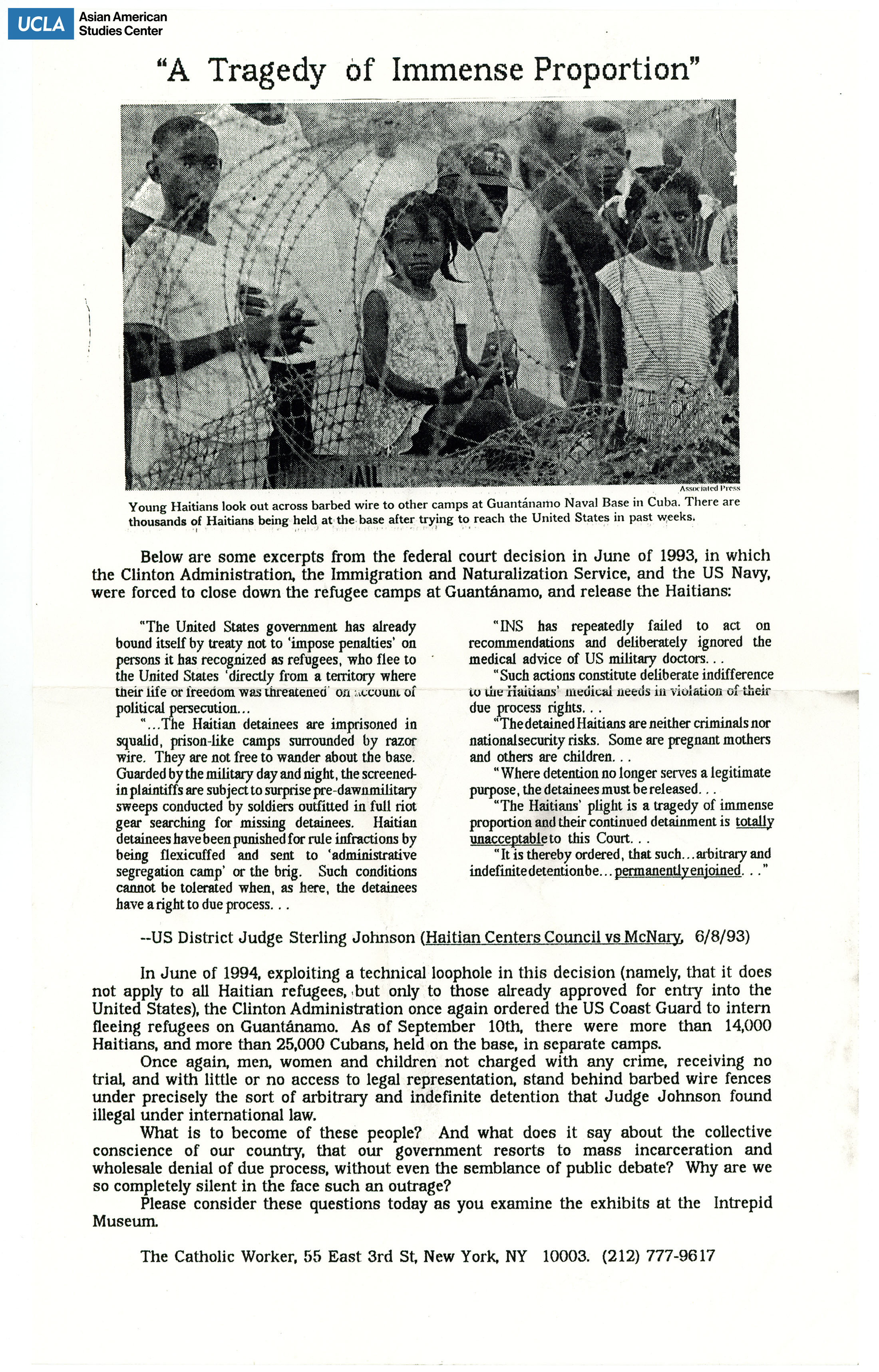 Excerpts regarding the failure of U.S. government support for Haitian refugees.