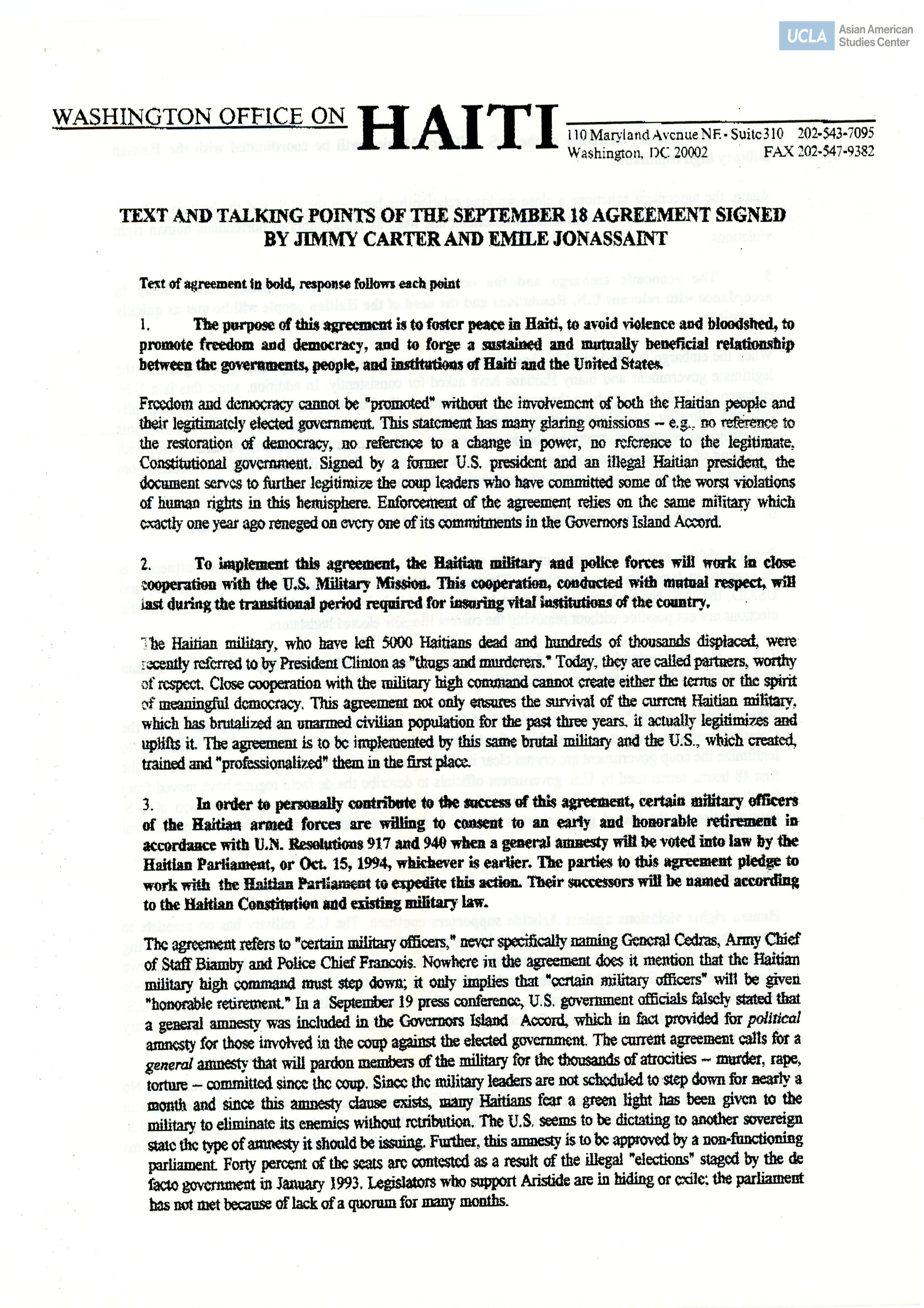 Talking points regarding the signing of the September 19 Agreement with responses. This signed aggreement was to avoid war and violence in Haiti, however there were contradiction in the agreement.